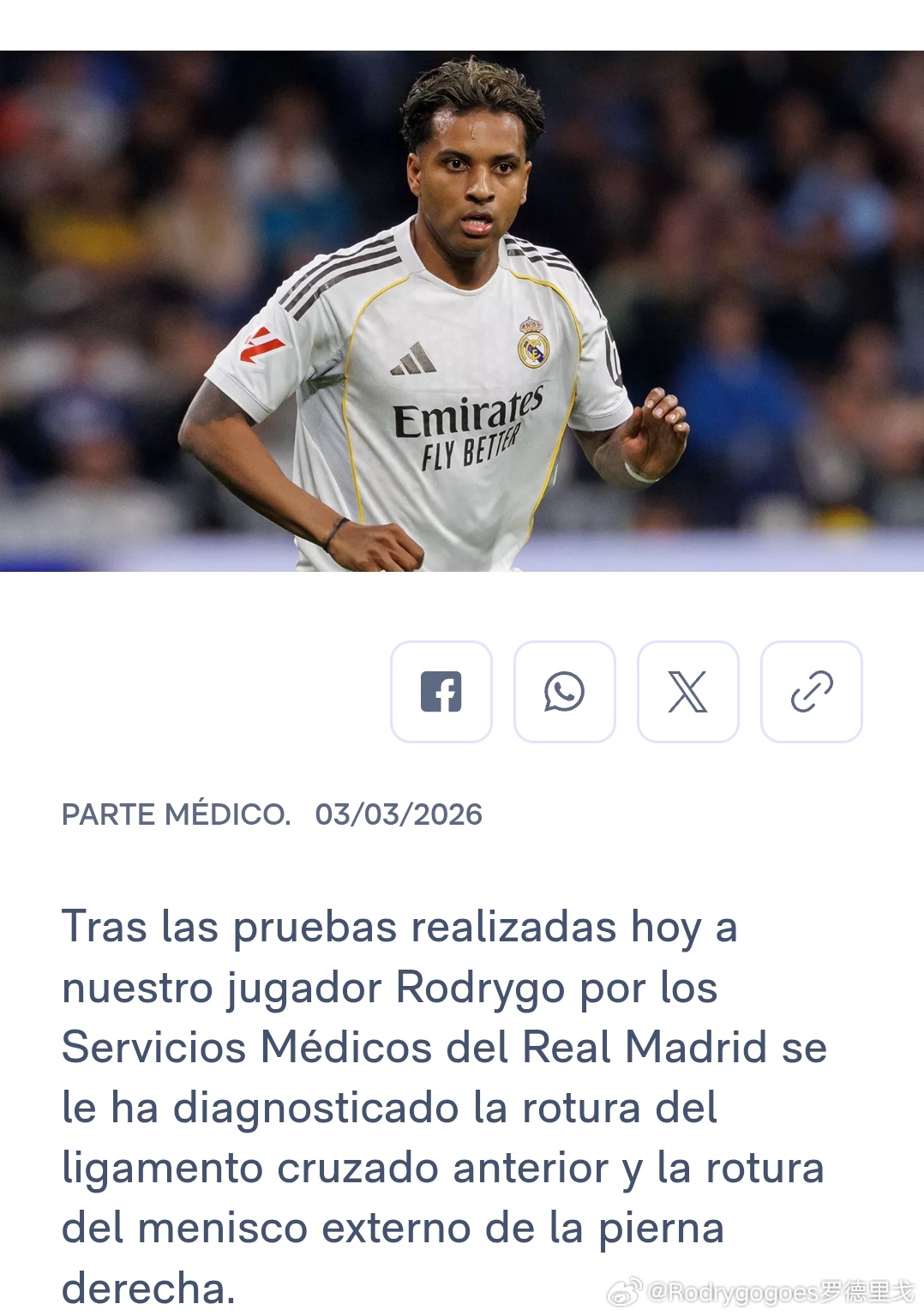 官方：经皇家马德里医疗团队今日对球员罗德里戈进行检查后，确诊其右膝前十字韧带及外