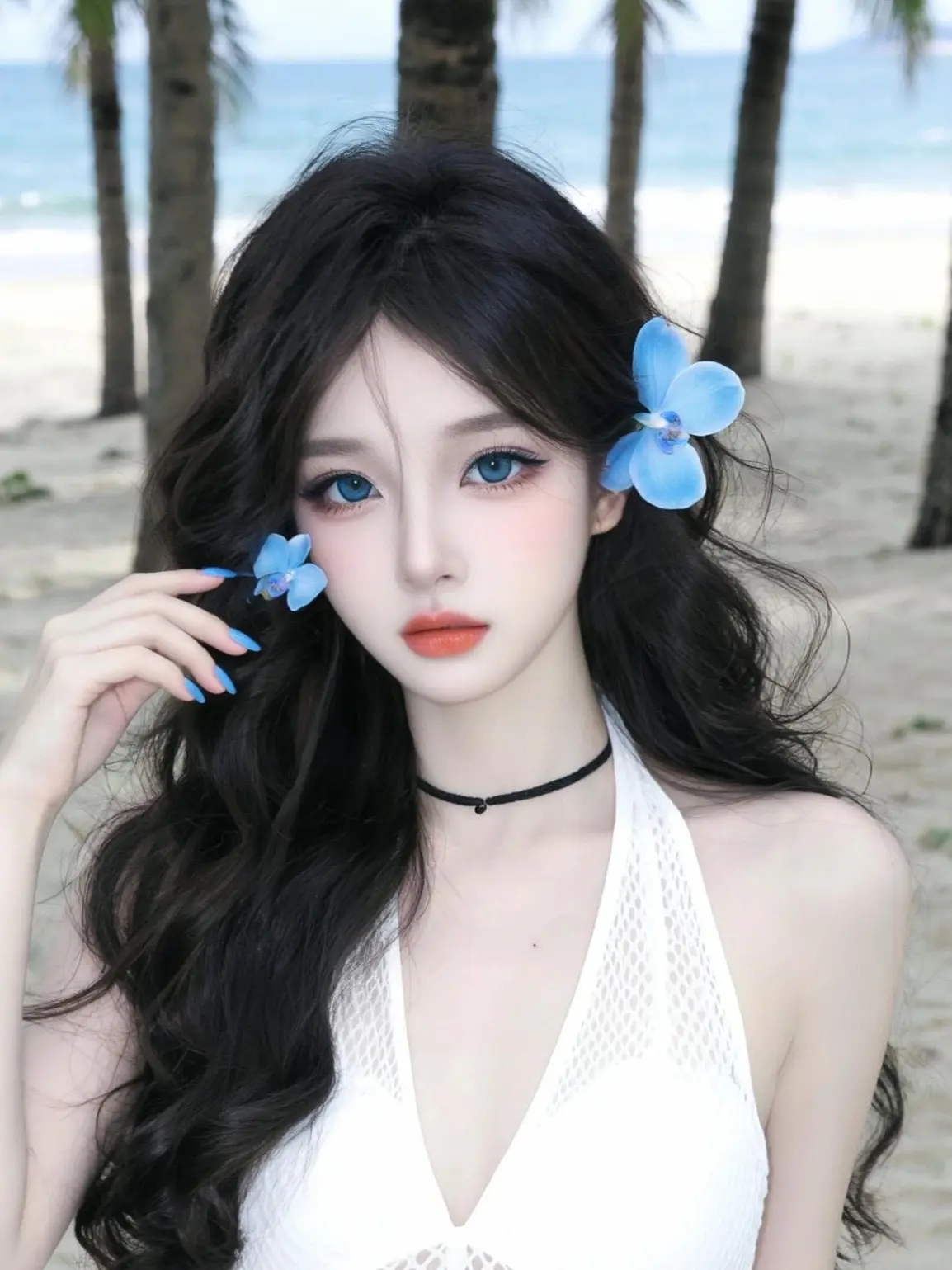 海边写真美女 挂脖蕾丝裙 海滩美女写真 海边美妆 夏日海边穿搭