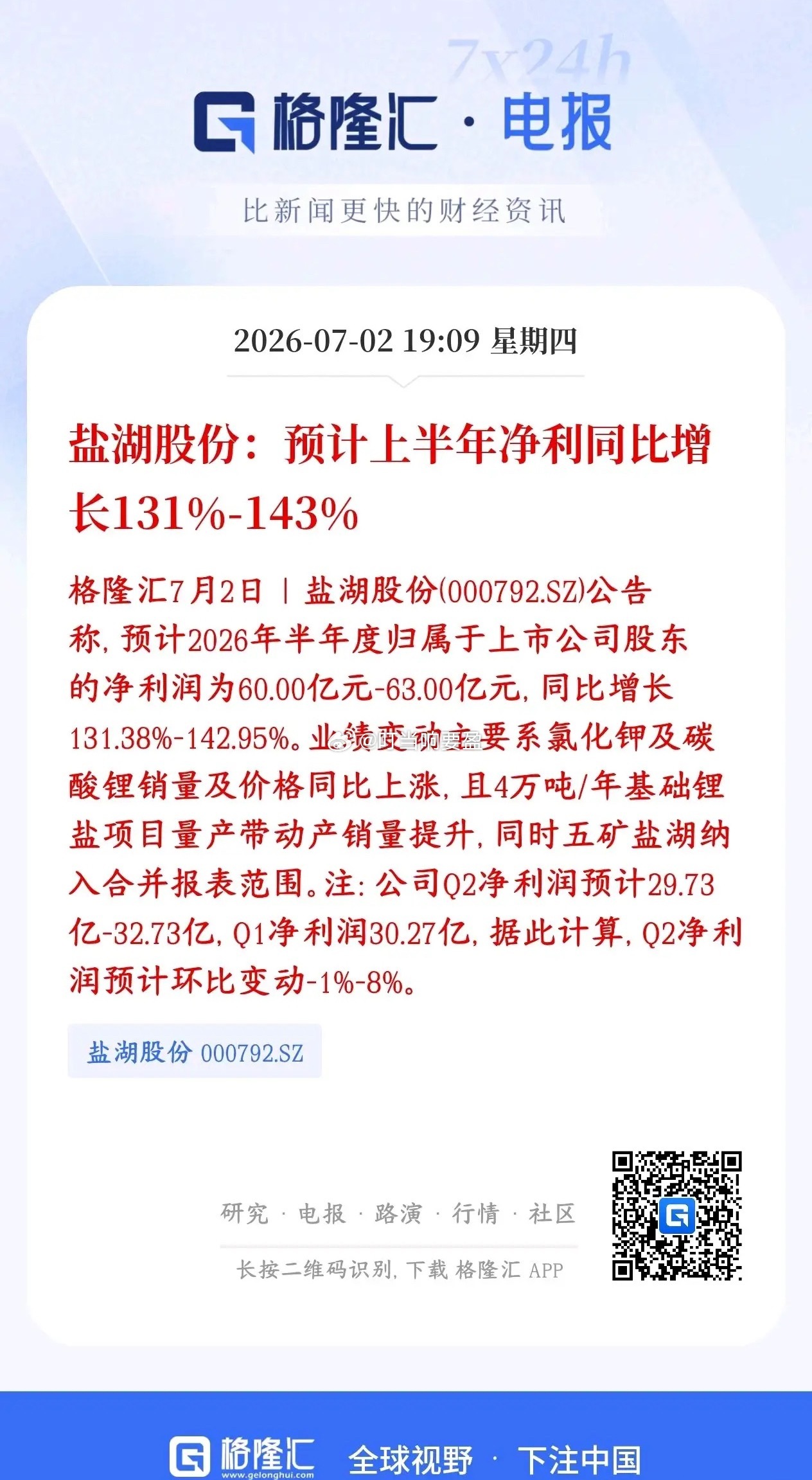 锂龙头公布业绩，符合预期，明天锂概念板块稳了盐湖股份预告2026年上半年净利润6