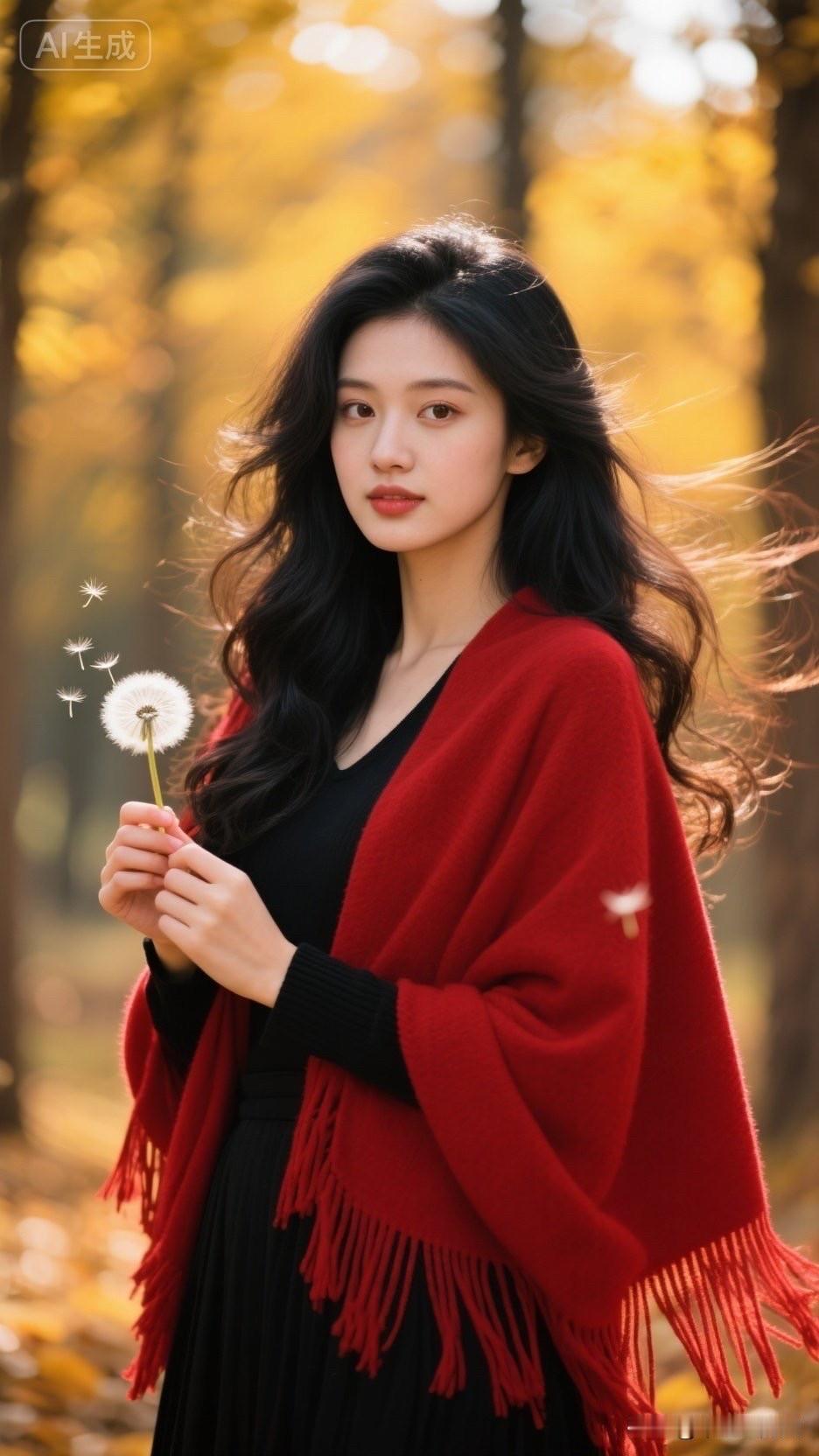 秋日暖阳下，红披风少女与蒲公英的浪漫邂逅🍂🌸