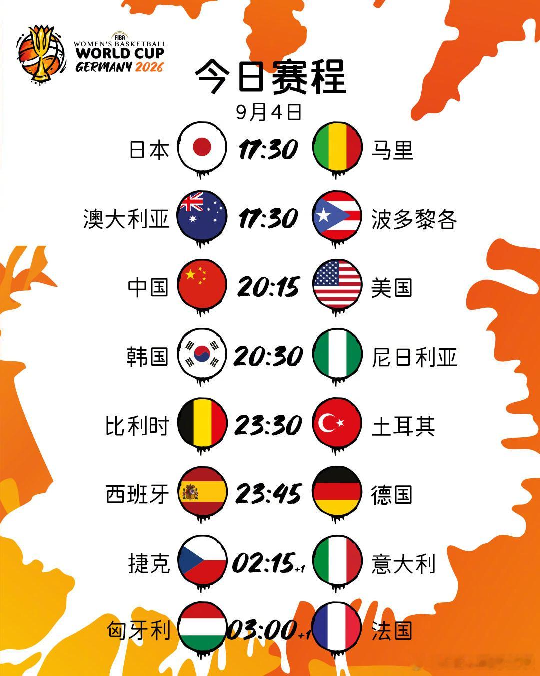 2026 女篮世界杯 第1️⃣比赛日赛程⭐️ 北京时间9月4日20:15，🇨?
