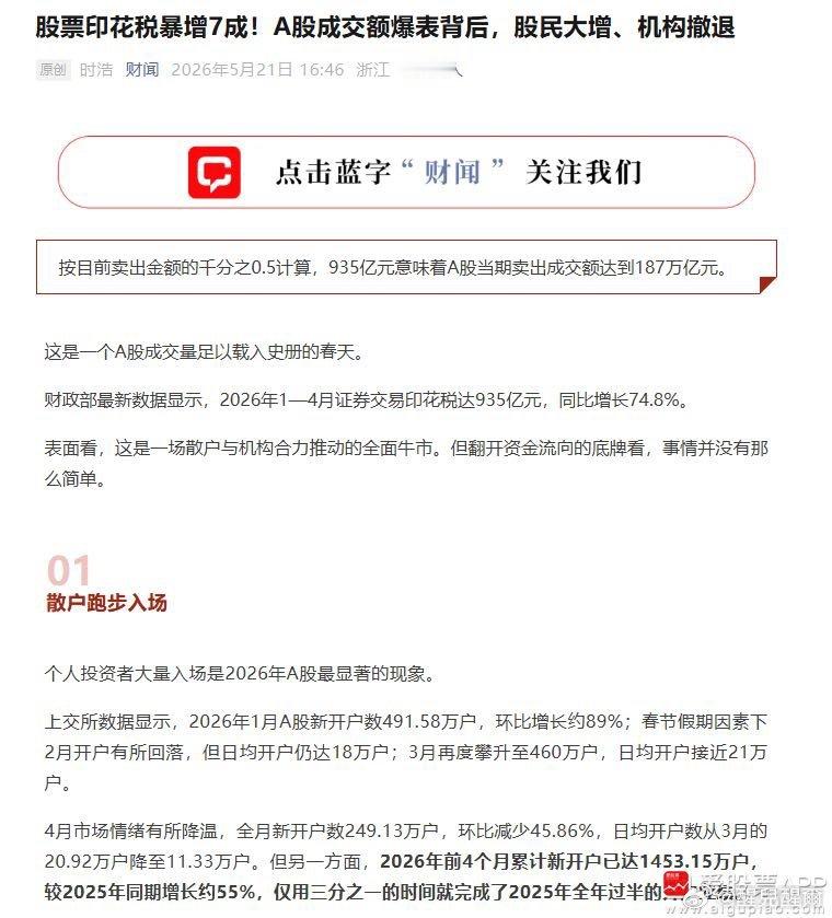 【股票印花税暴增7成！A股成交额爆表背后 股民大增、机构撤退】这是一个A股成交量