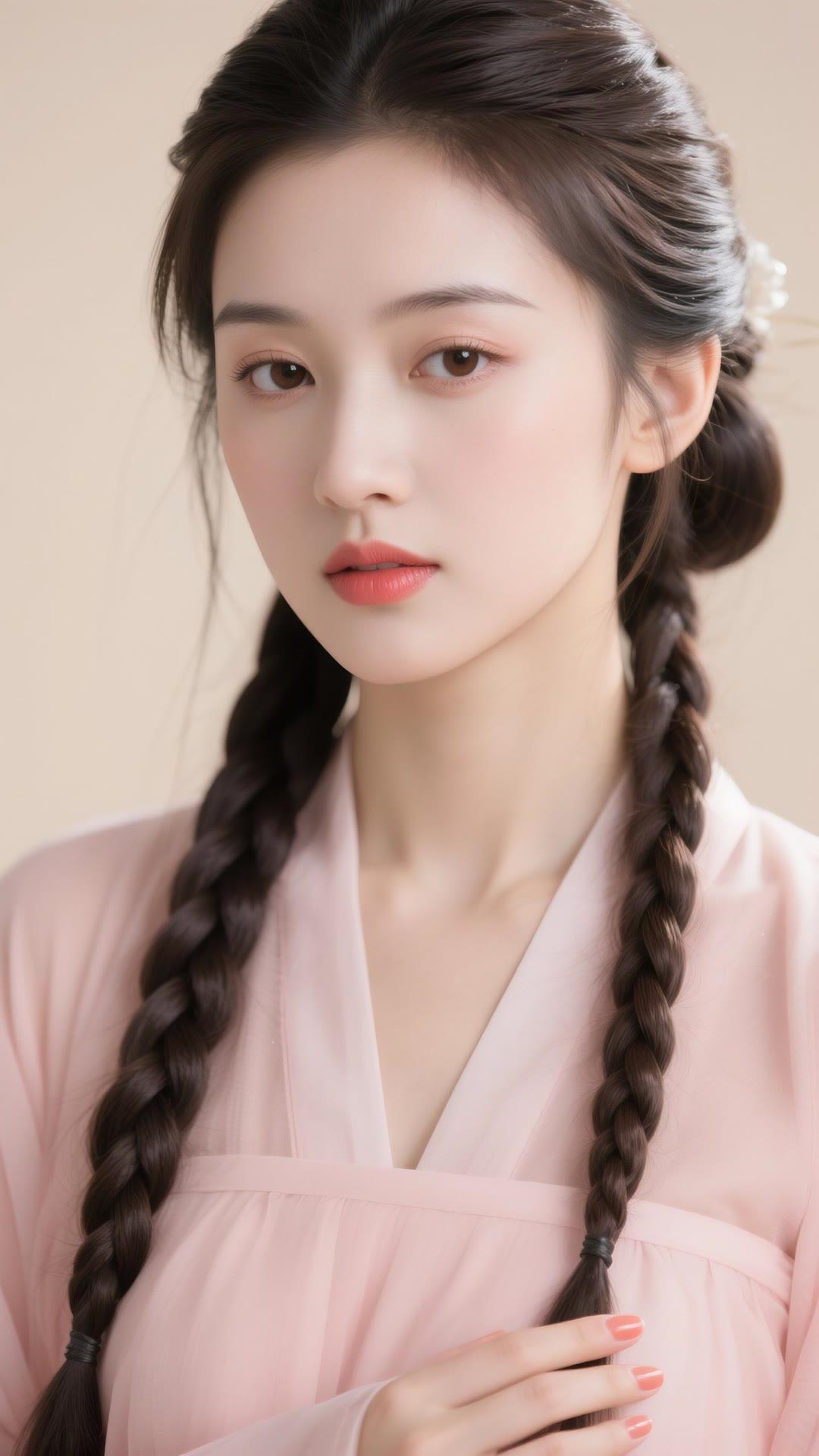 温柔韩系少女，粉色韩服，双麻花辫，清新自然