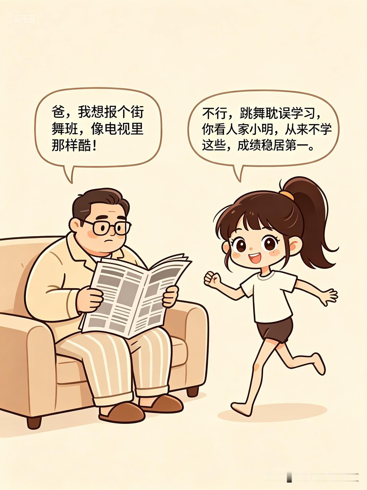每日幽默： 舞蹈梦想
女儿兴冲冲地跑过来：“爸，我想报个街舞班，像电视里那样酷！