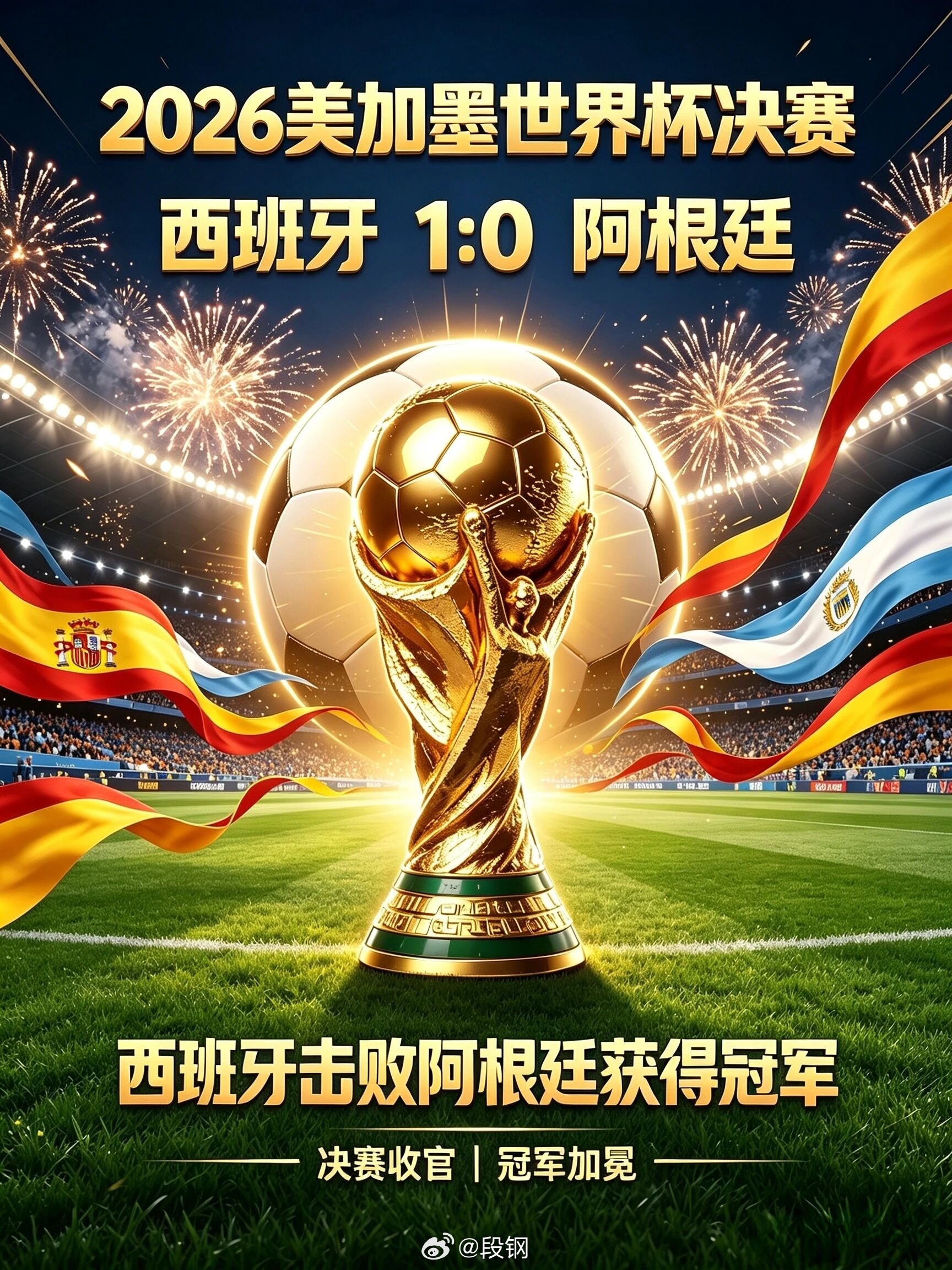 2026世界杯决赛，西班牙加时1-0击败阿根廷夺冠。终场哨响后西班牙球员进场庆祝
