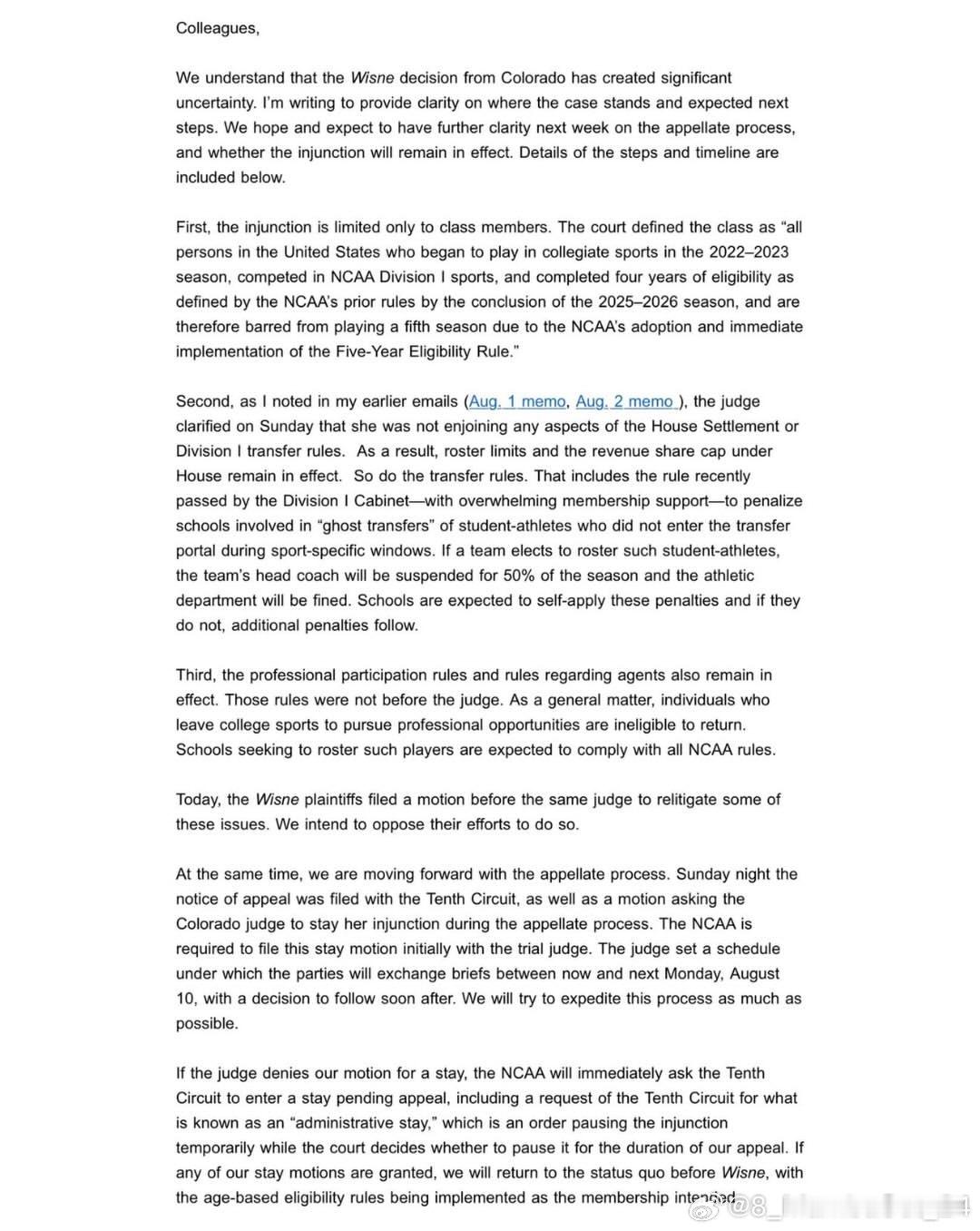 NCAA关于2022届高中生球员获得第五年参赛资格的最新备忘录指出，任何球队若报