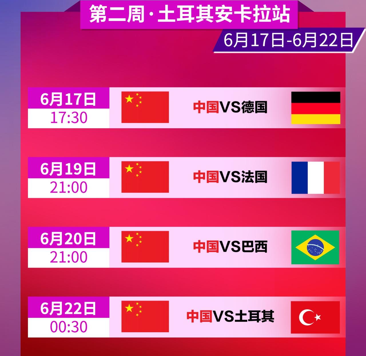 【女排世联赛】安卡拉站:中国队赛程及预测:

一，时间安排:
        6