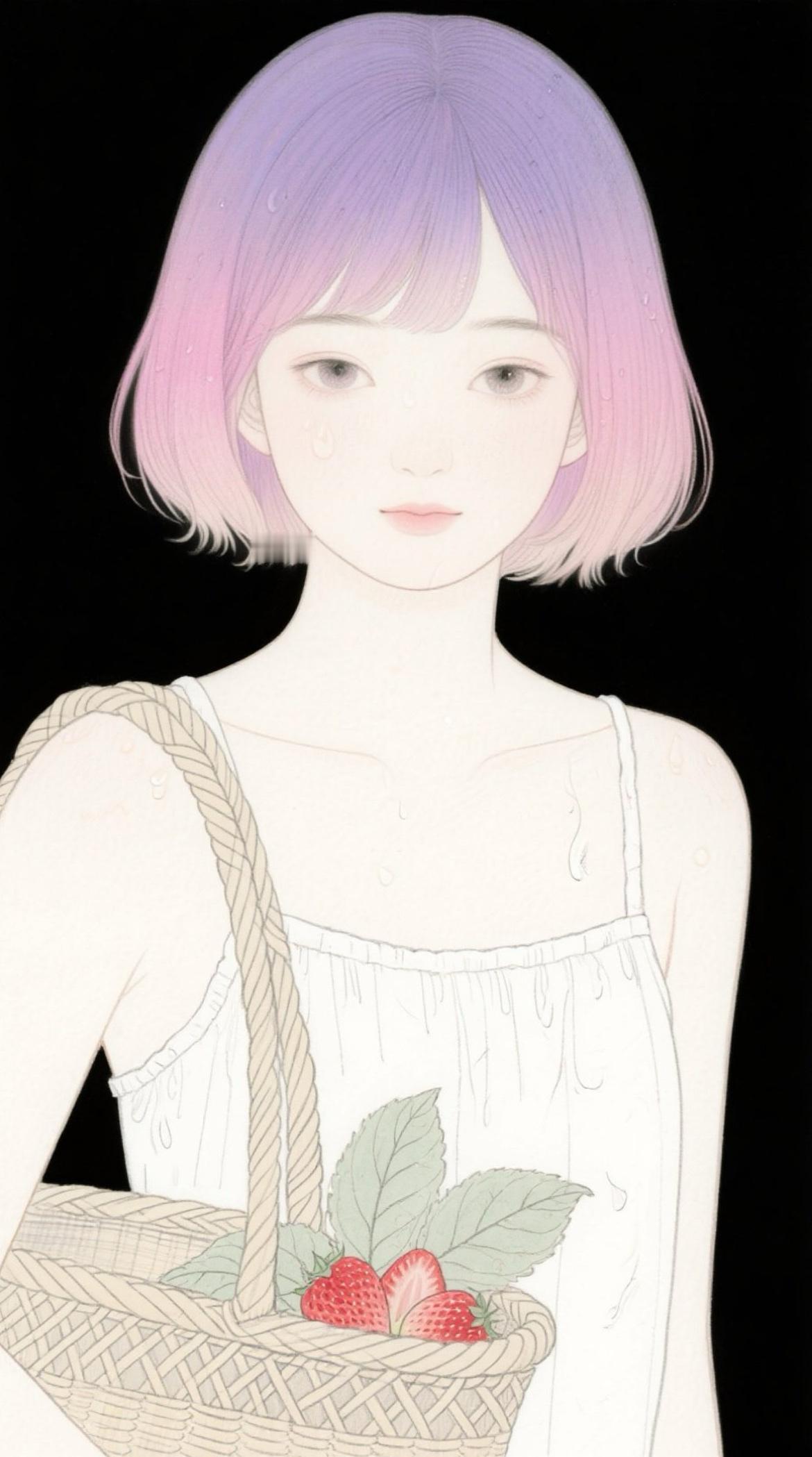 温柔粉紫色短发，手提草莓篮，少女心满满淡粉色女头 纯黑短发少女