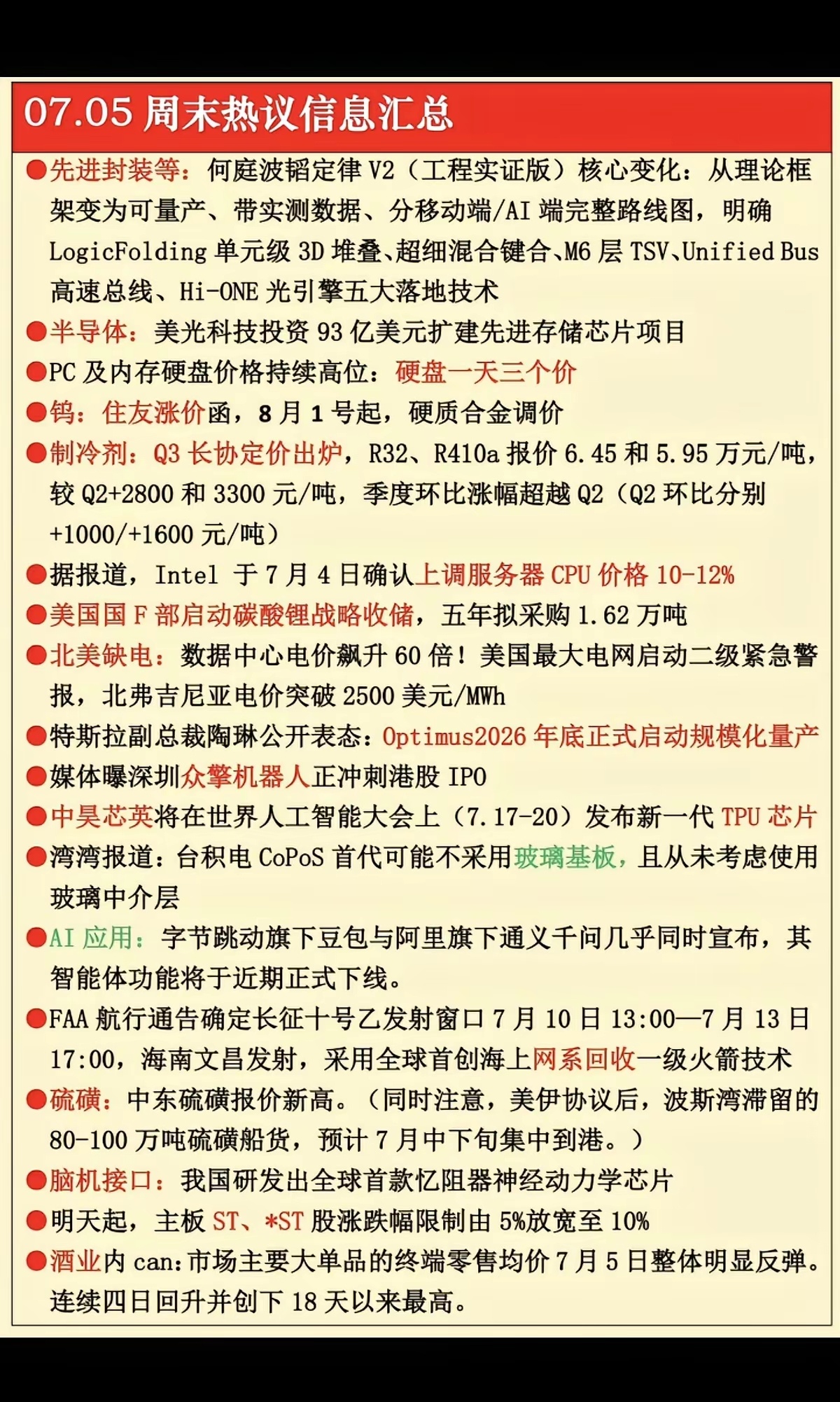 7.5周日  周末市场热议方向+财经消息汇总！1.先进封装，韬定律2.PC机及硬