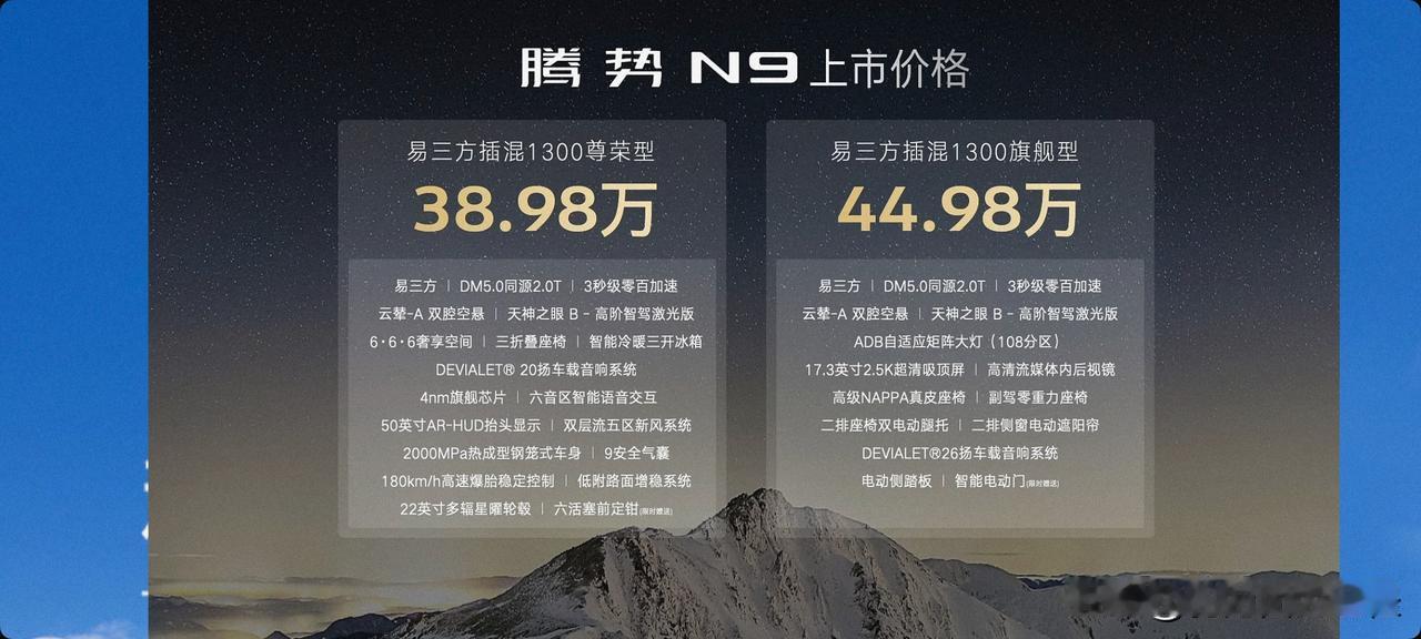 腾势N9
38.98万起，两个配置，顶配44.98
我去···
这个价格简直要疯