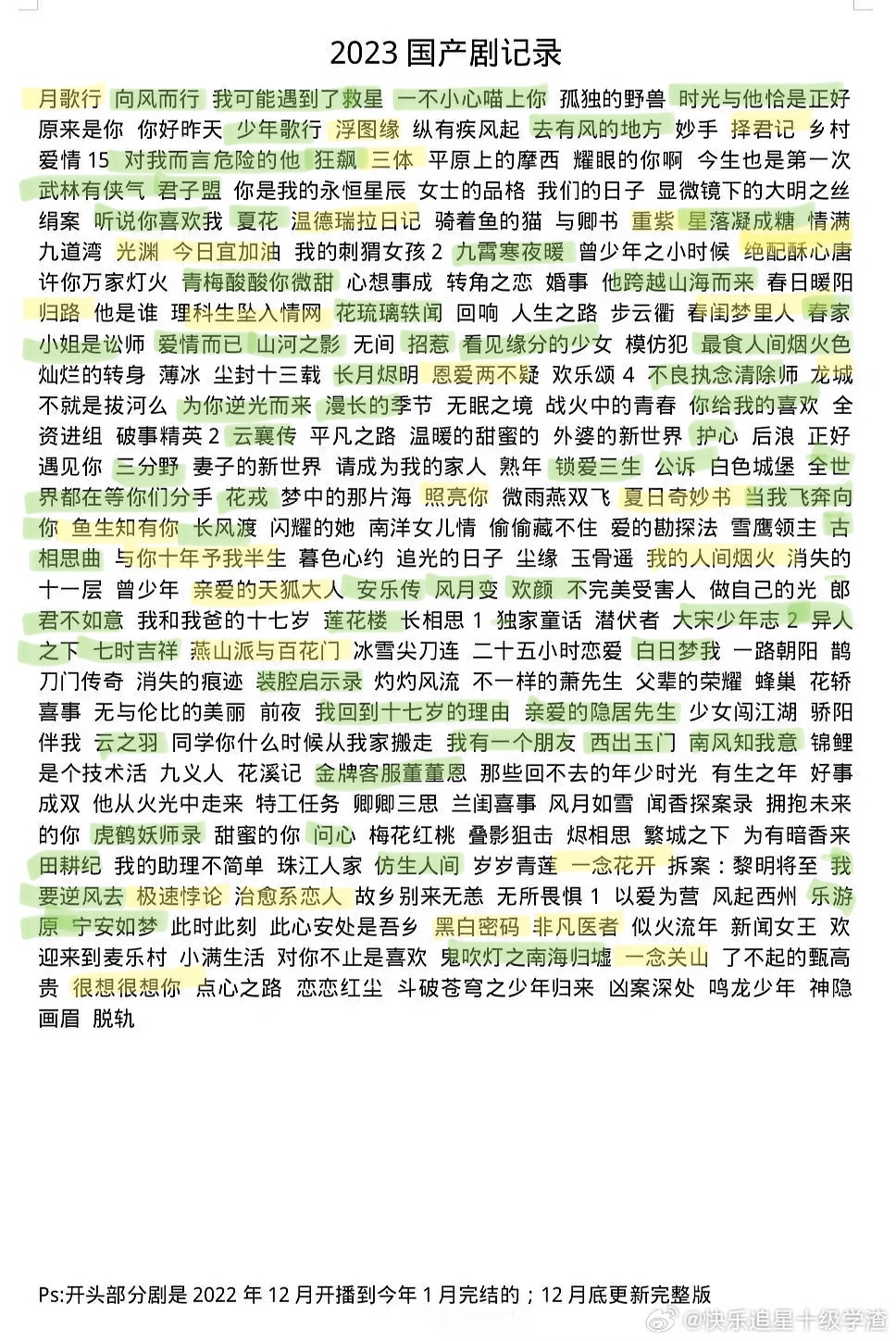 今年真的看了超级多国产剧，绿色的是看完的，黄色的是看了一半弃了或者只看了cut的