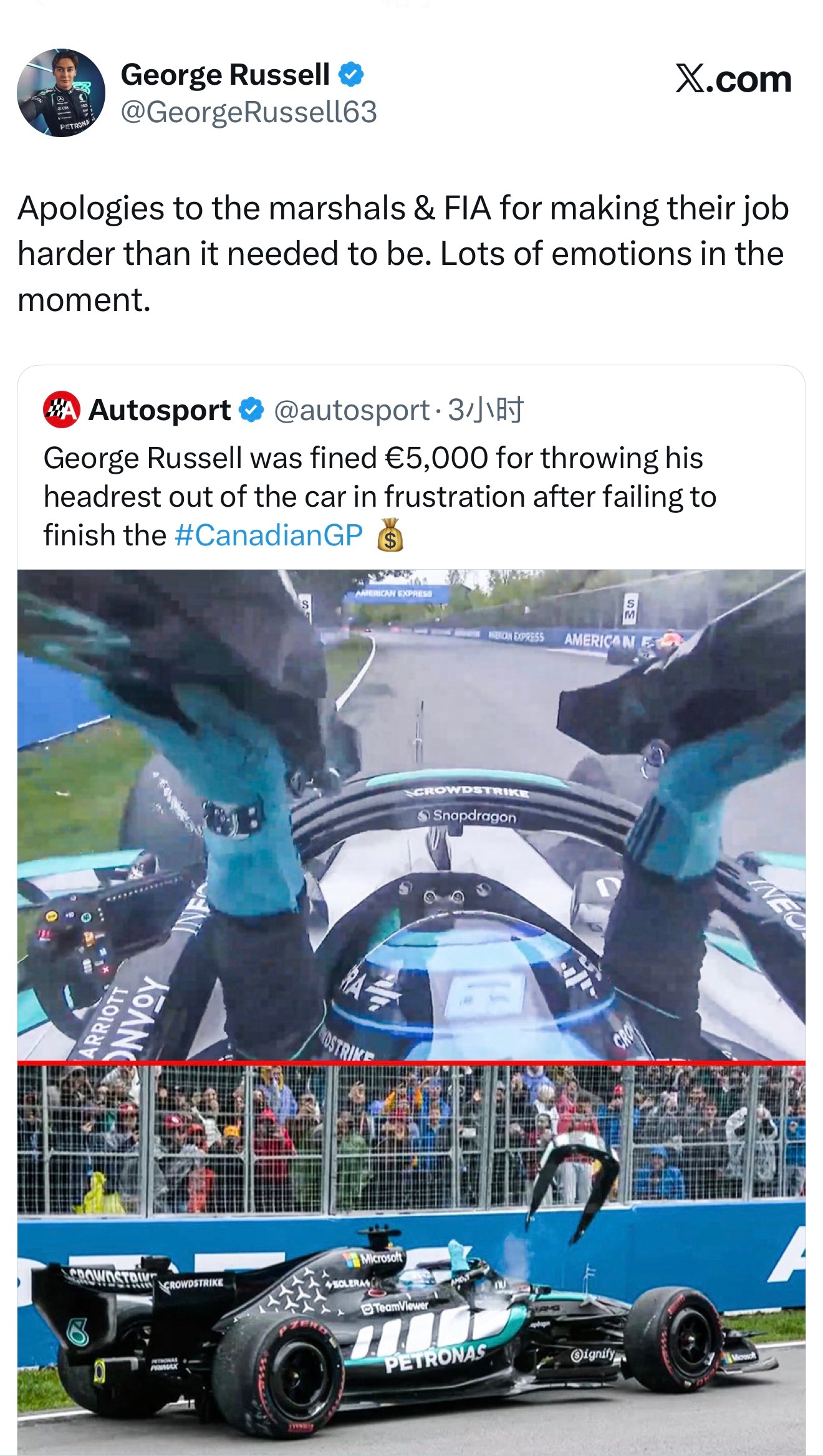 georgerussell63发布一则👇🏻向赛道工作人员们与FIA致歉，此番