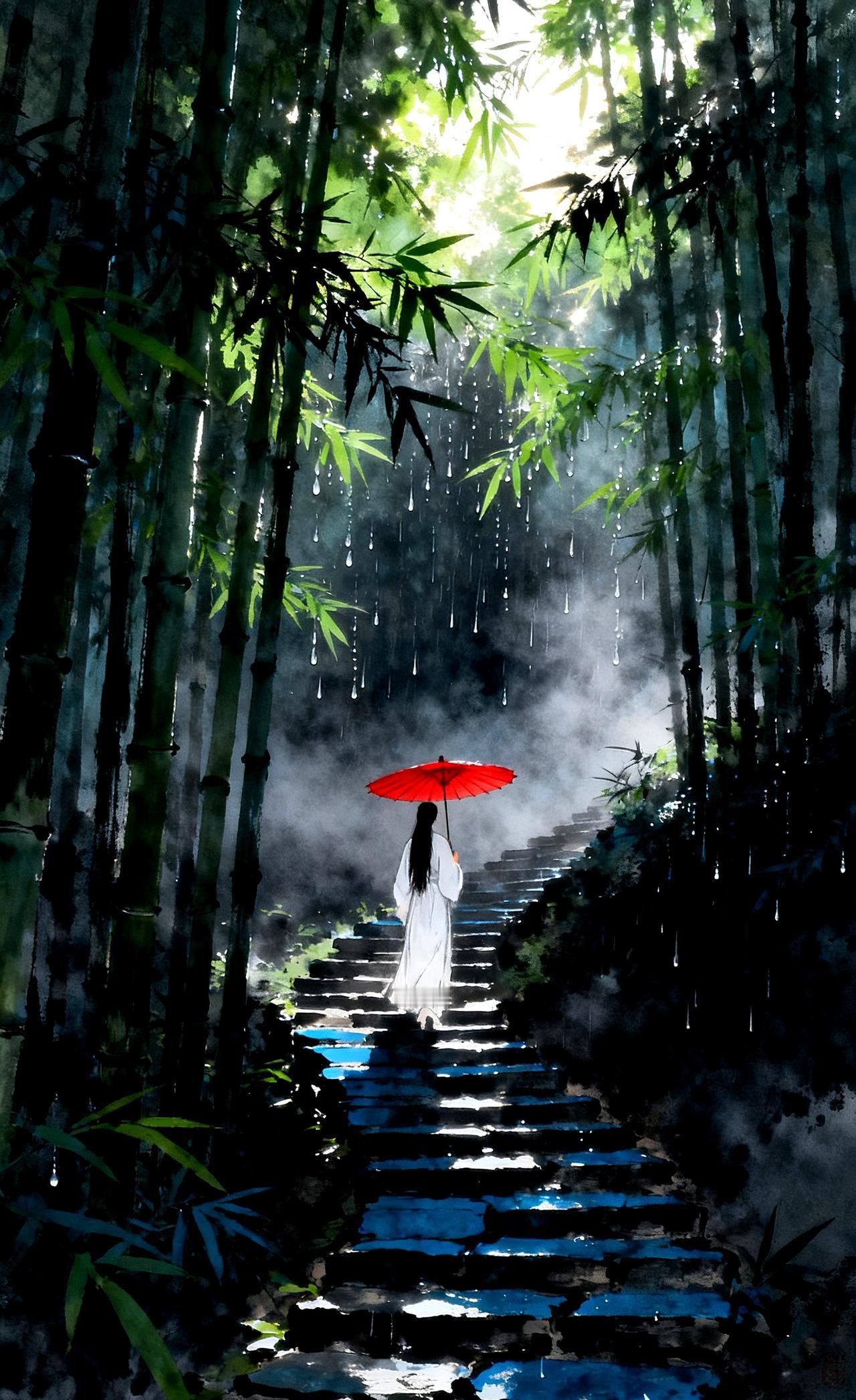 ……伊人风雨中……
……（古风体）……

… 雨丝竹林尽萧萧
… 山影幽暗雾涌潮