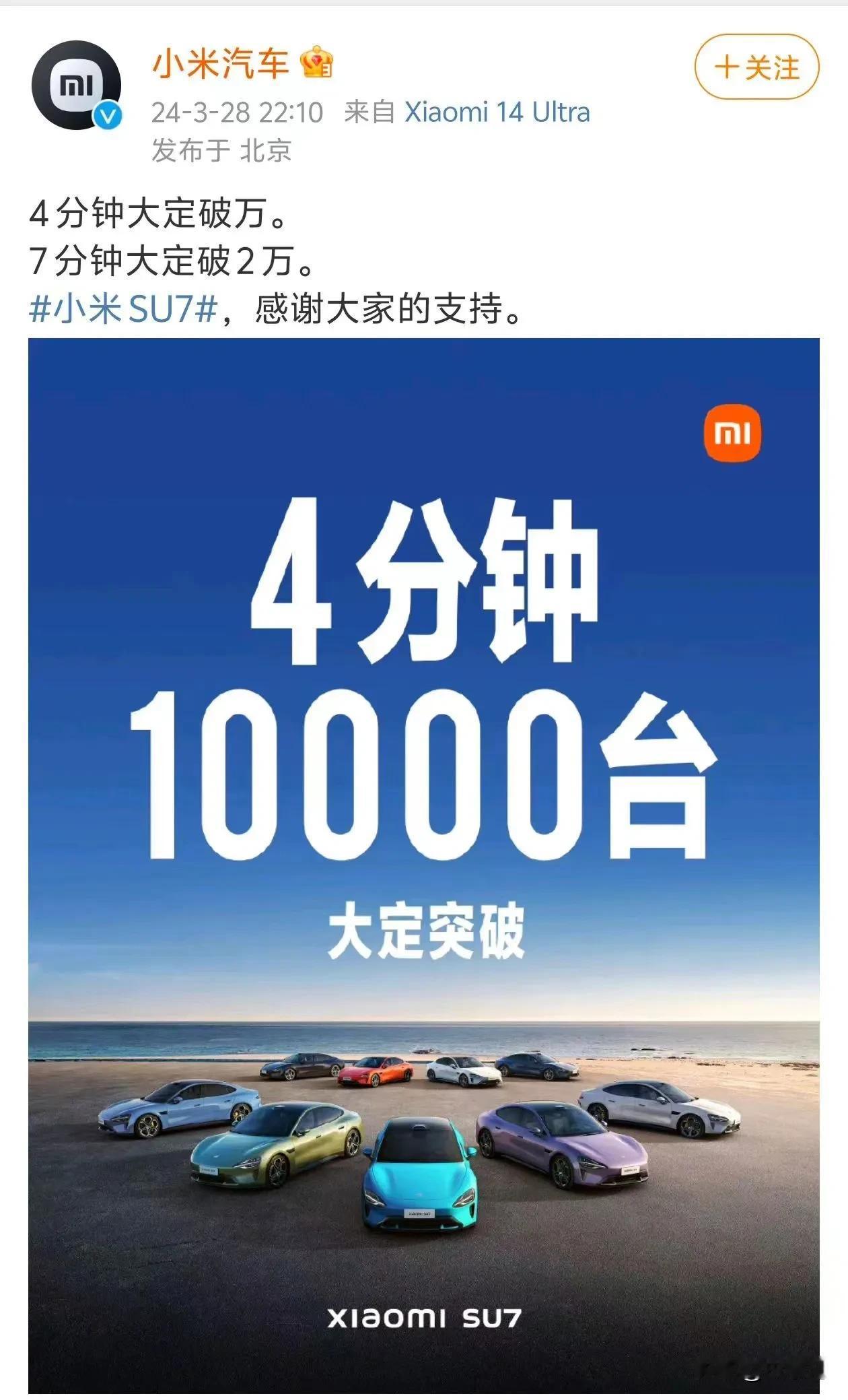 小米SU7 4分钟大定破万，7分钟大定破2万

米粉买车像不要钱一样。