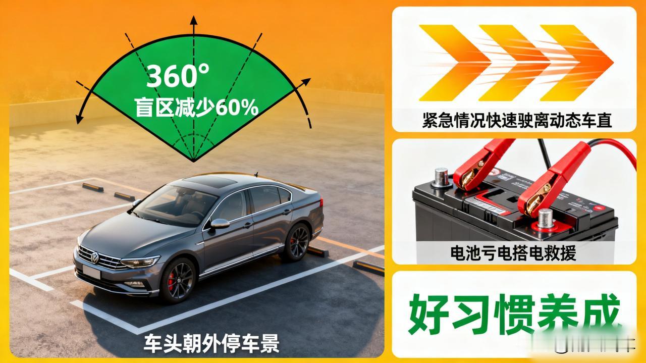 停车时车头朝外更安全

出发视野好，避免盲区；遇到紧急情况，能快速驶离；电瓶亏电