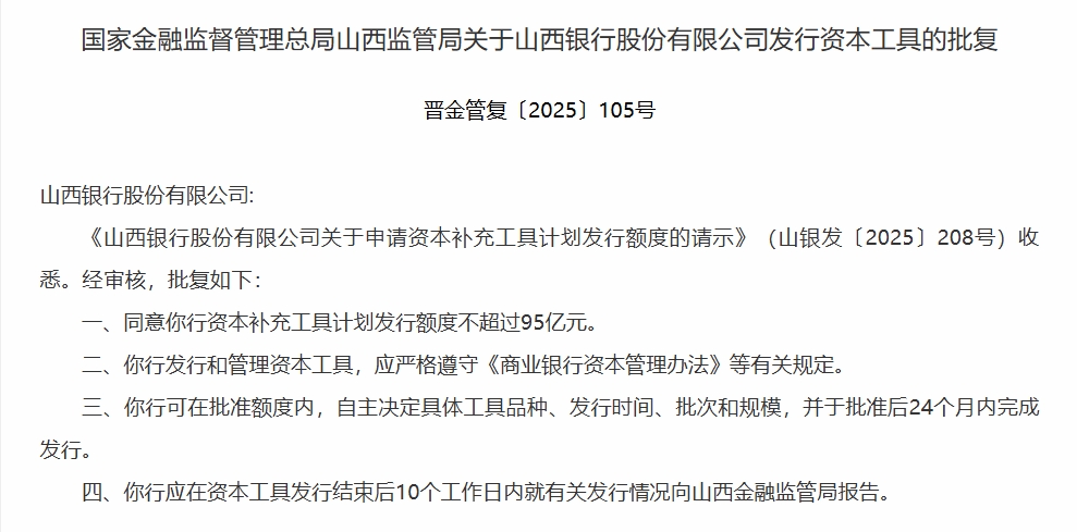 山西银行获批发行不超95亿元资本补充工具