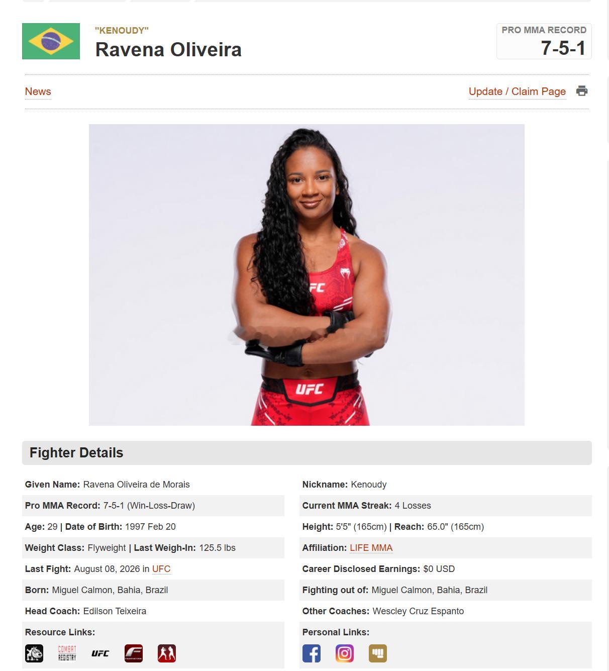 拉韦纳·奥利维拉 (Ravena Oliveira)已经被移出UFC花名册。她在