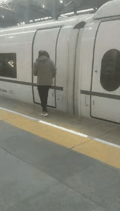 这个男子坐动车，烟瘾上来，下车吸完一支烟的功夫，动车已经关闭车门，男子干着急，不