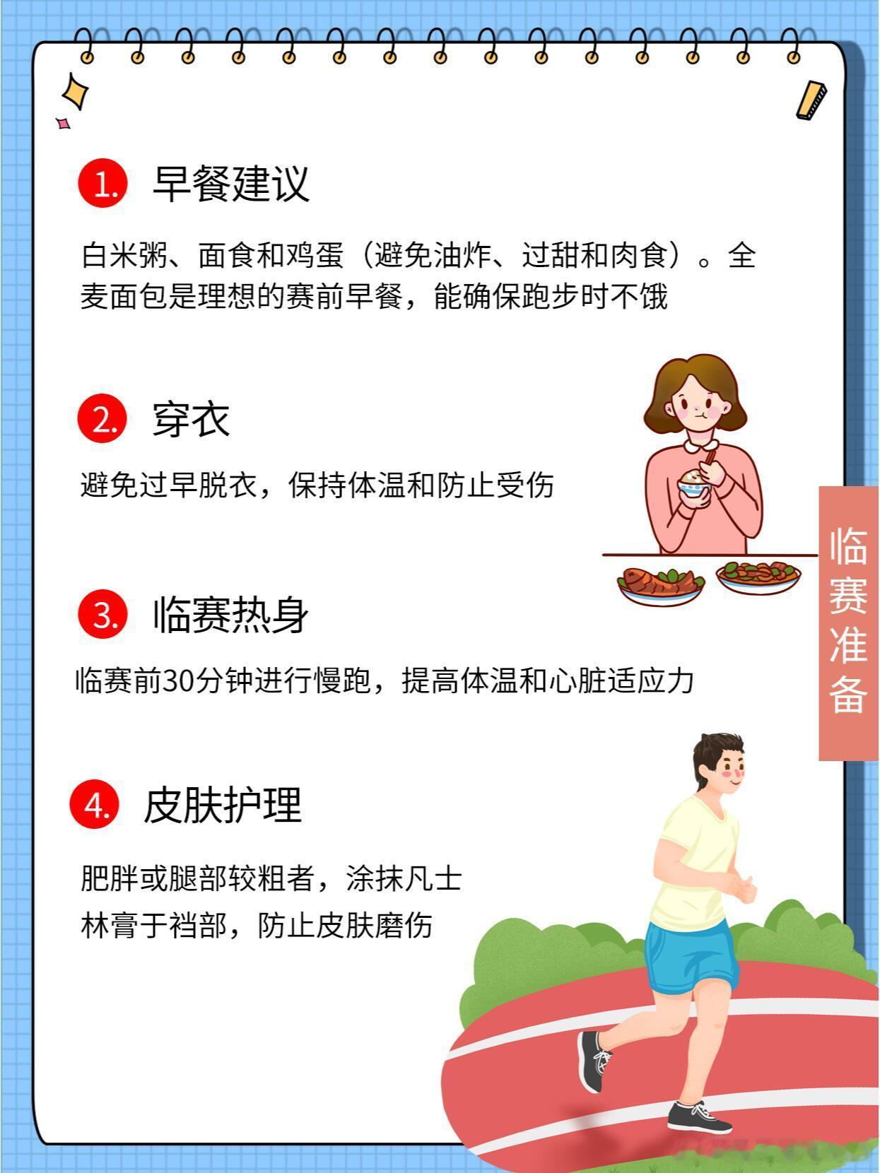 马拉松赛前、赛后注意事项：1. 迅速保温、补水、补充碳水化合物食物，避免过量。当