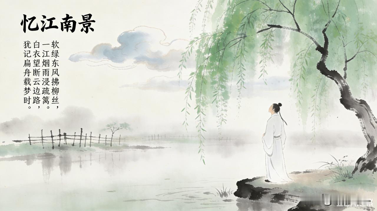 《忆江南景》乐韵诗心原创诗词:
软绿东风拂柳丝，
一江烟雨浸疏篱。
白衣望断云边