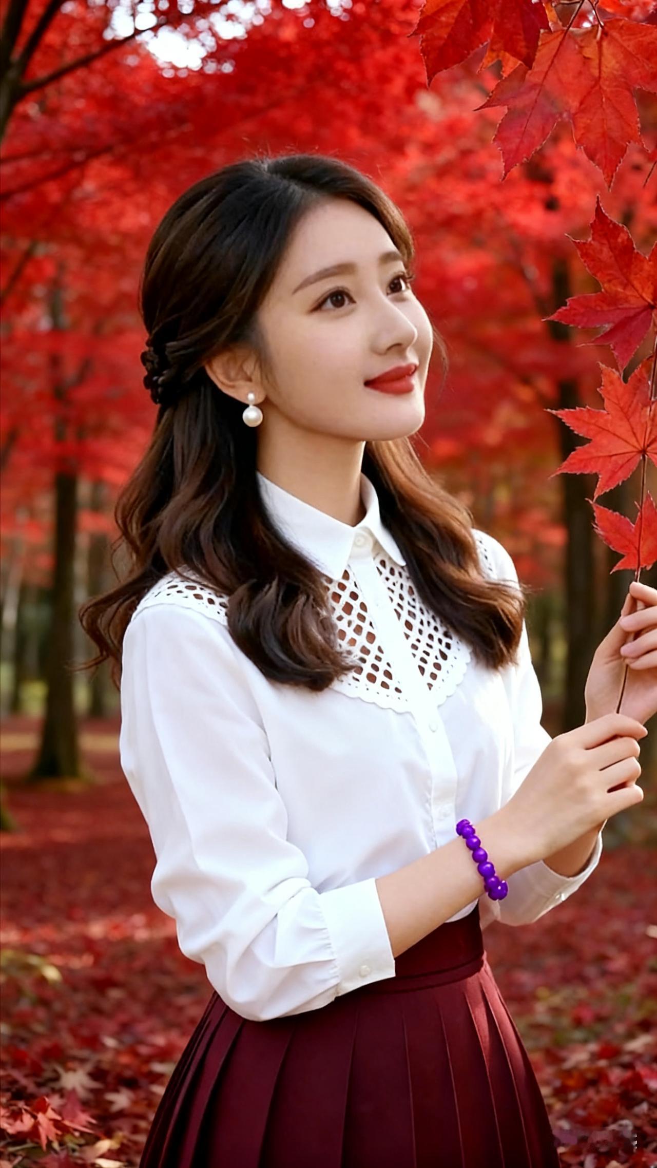 美女着米白开衫与酒红百褶裙，白色镂空领口，耳钉为珍珠，紫色手串，背景为红色枫叶林