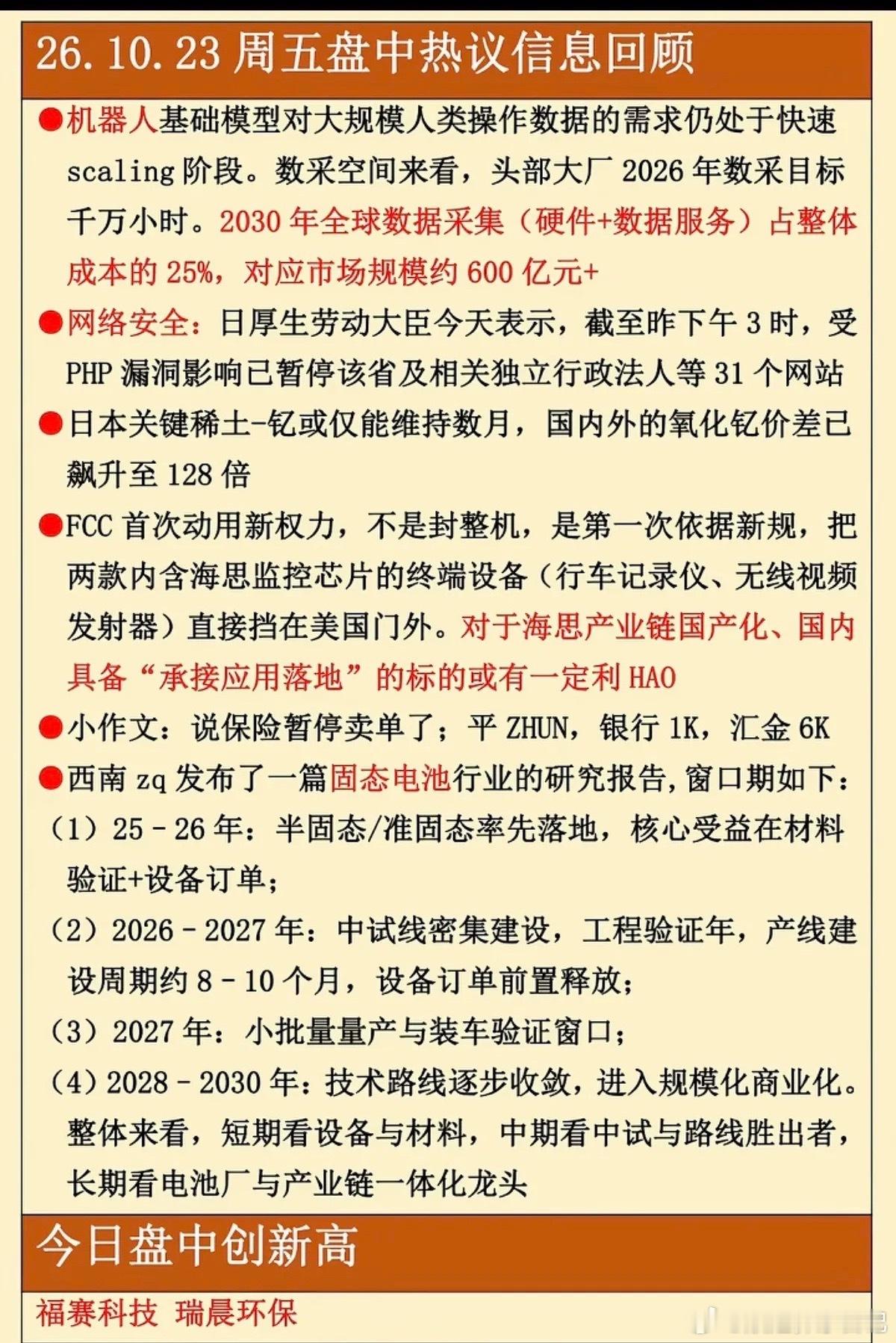 10.23周五  晚间：市场热议+财经资讯整理！1.机器人，数据服务2.网络安全