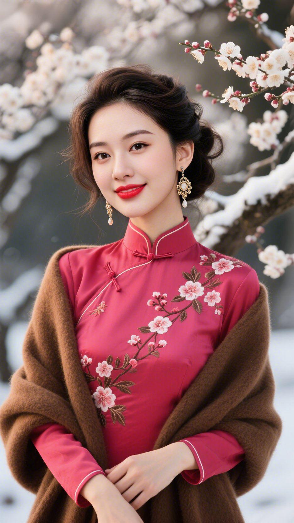 《绯衫映雪梅》
 
雪色铺得天地清宁，她身侧的梅枝坠着白瓣，恰好与绯色旗袍上的绣