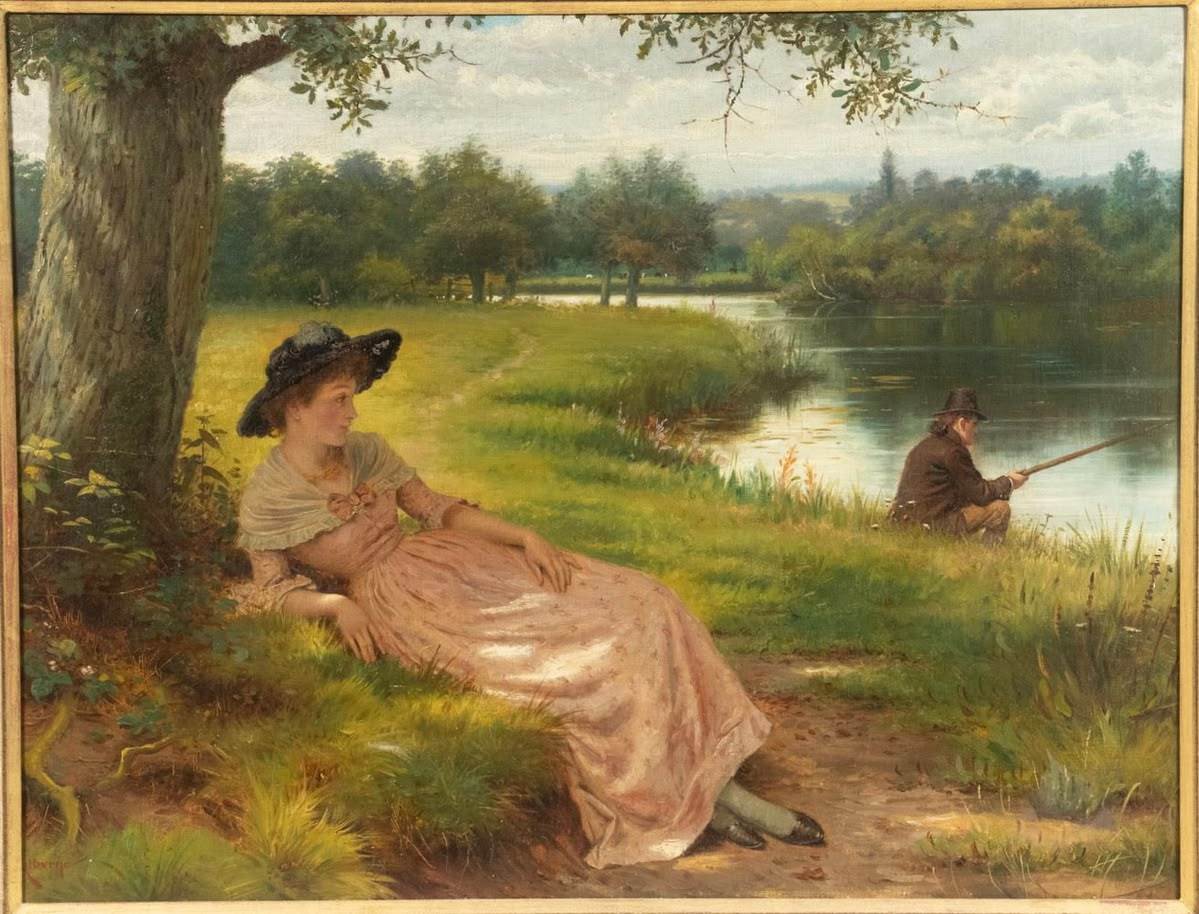 在树荫下看男人钓鱼的女人，英国画家George Goodwin Kilburne