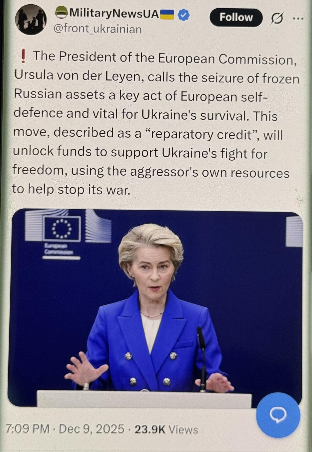 震惊！铁腕女人、欧盟委员会主席乌尔苏拉•冯德莱恩：冻结没收俄罗斯资产3000亿美