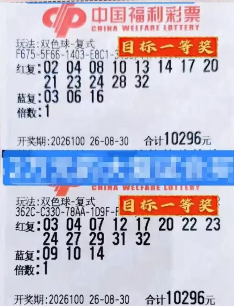 双色球5张万元票汇总：前两张10296大复式比较特殊，规格13+3蓝球多达3码复