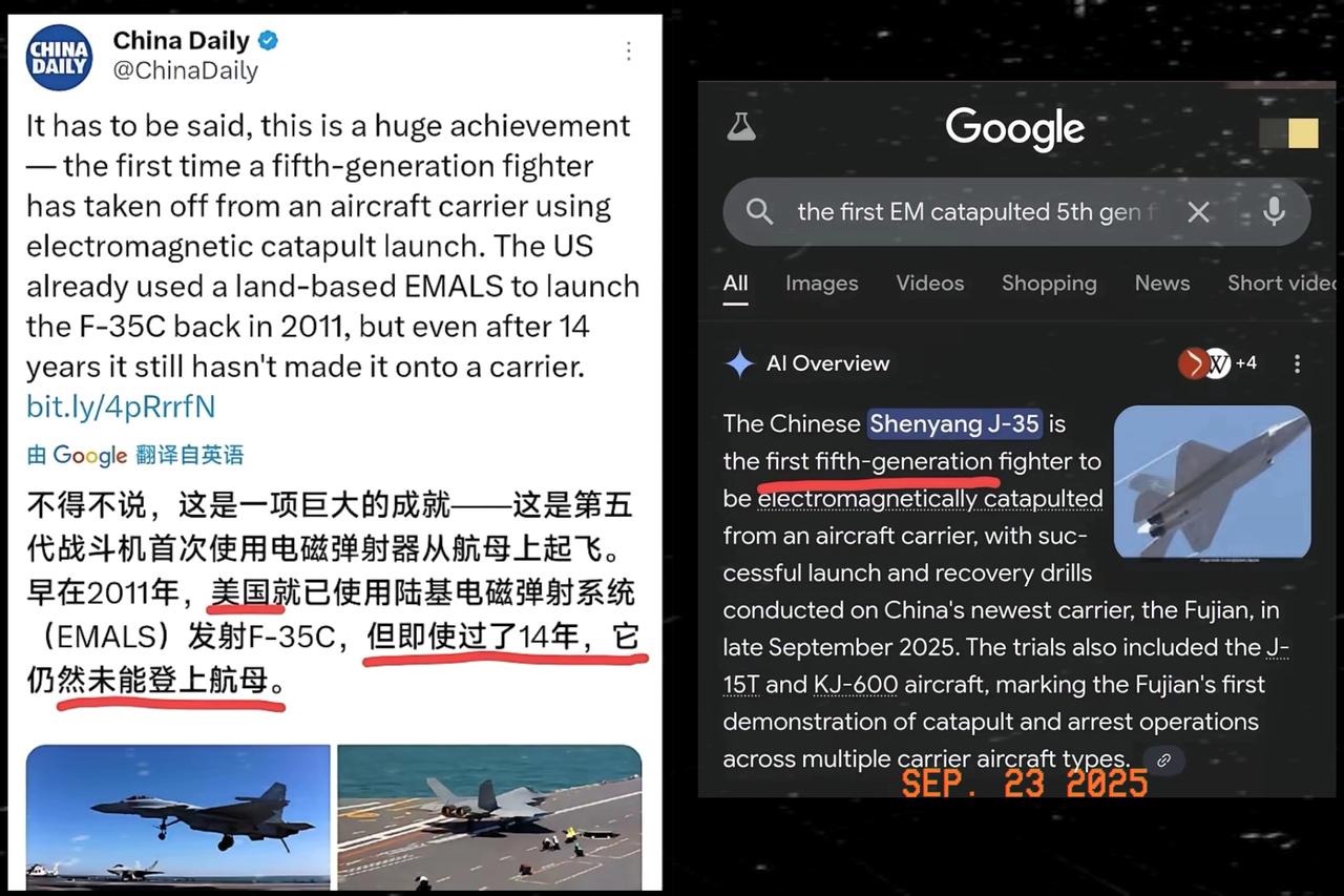 太过瘾了！
福建号航母电磁弹射成功起飞J35，标志着又一次技术大突破。

Chi