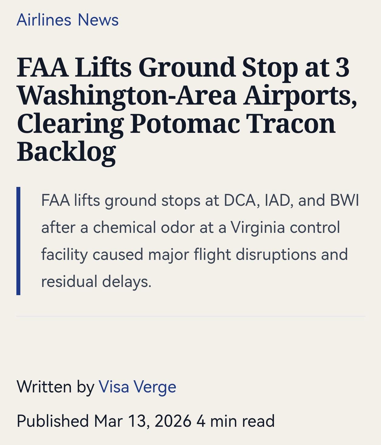 华盛顿三大机场一度全面停飞
 
美国联邦航空局（FAA）3月13日19:45解除