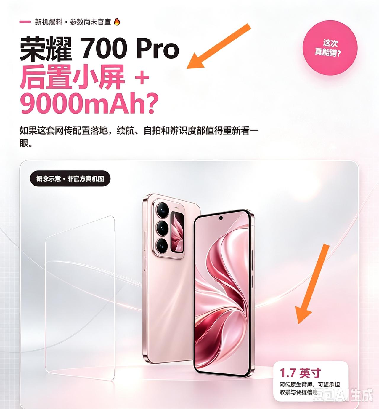 荣耀 700 Pro 的新机猜想越来越有意思了！

网传后置小屏 + 9000m