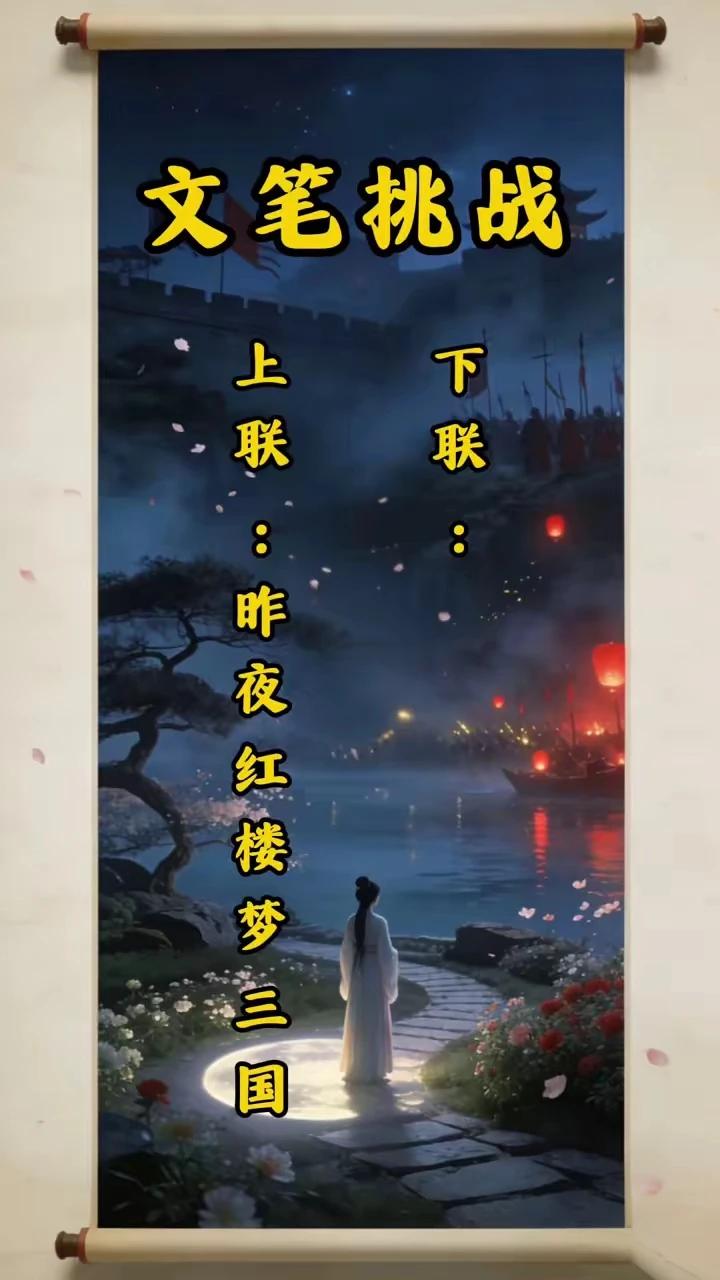 文笔挑战。
上联：昨夜红楼梦三国，
下联：今朝水浒向西游。