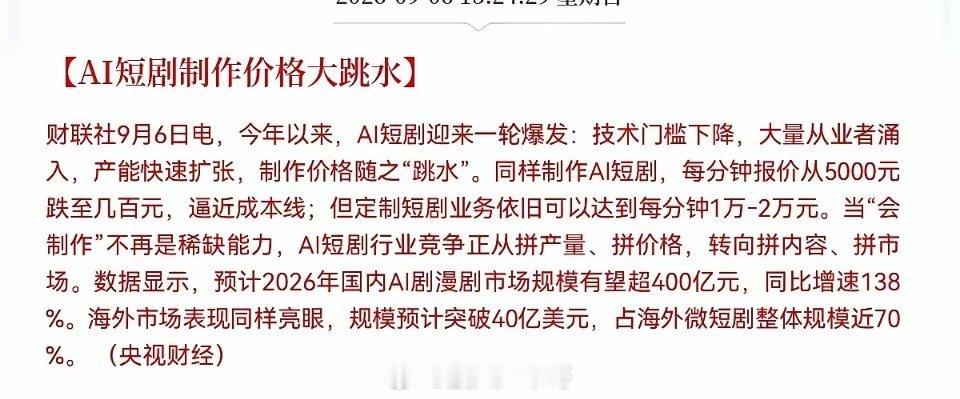 预计明日AI短剧也会涨了             周末AI短剧的利好消息也来了，