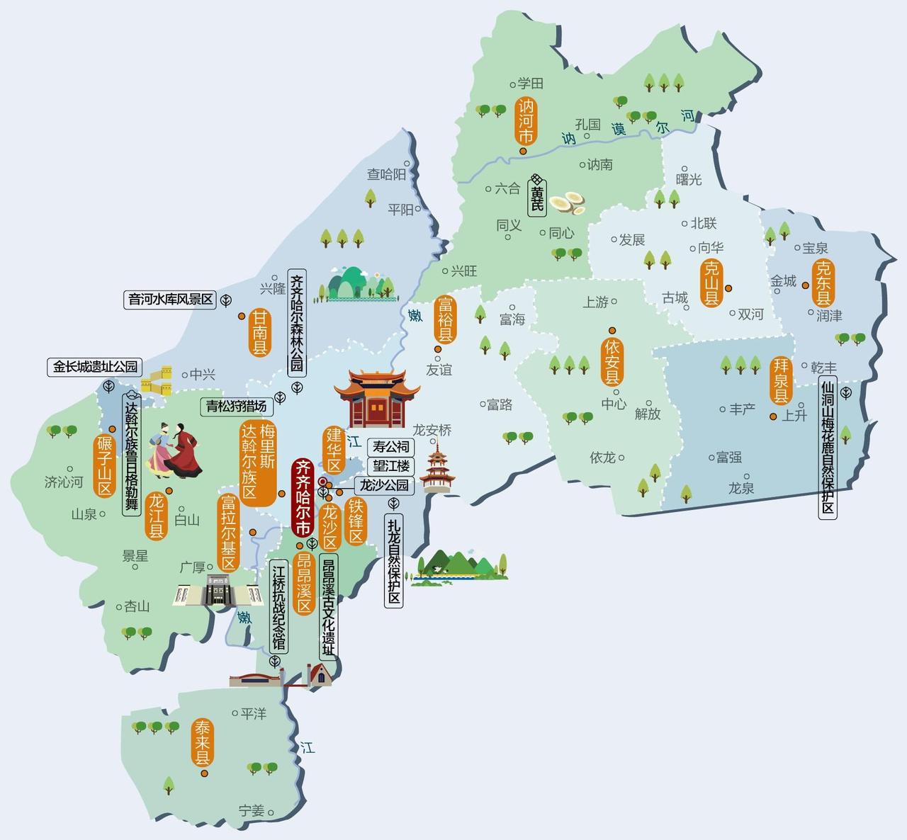 黑龙江地级市：齐齐哈尔

扎龙生态旅游区 5A

1、明月岛风景区 4A
2、龙