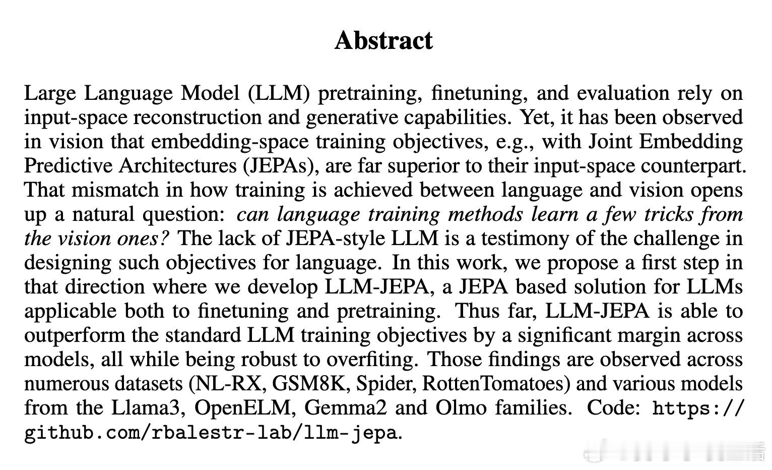 [CL]《LLM-JEPA: Large Language Models Mee