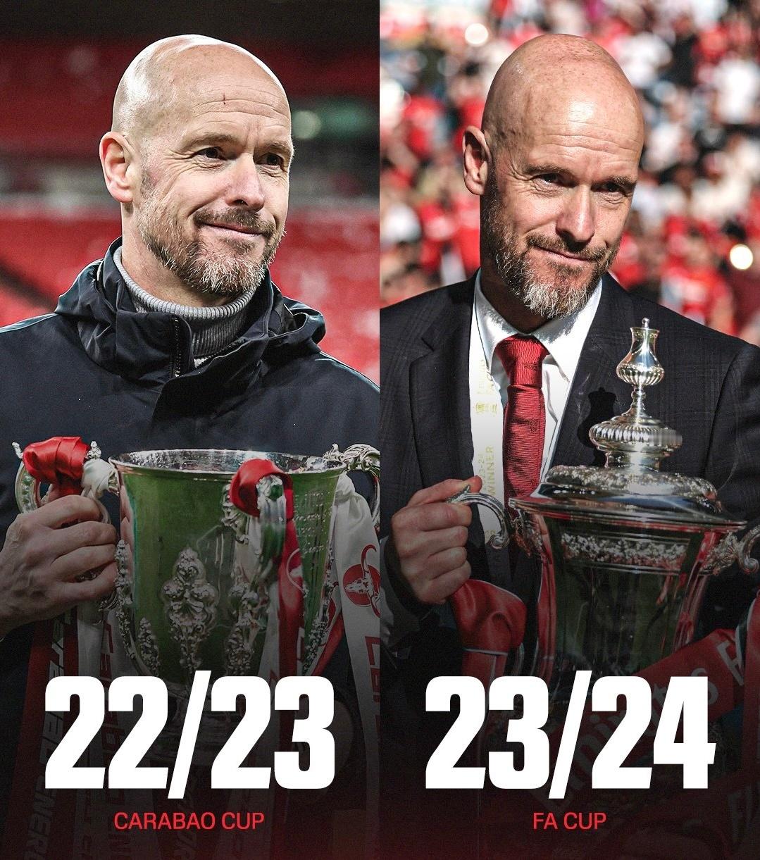 在过去的9个赛季，腾哈格是唯一为曼联拿到冠军的主教练。 