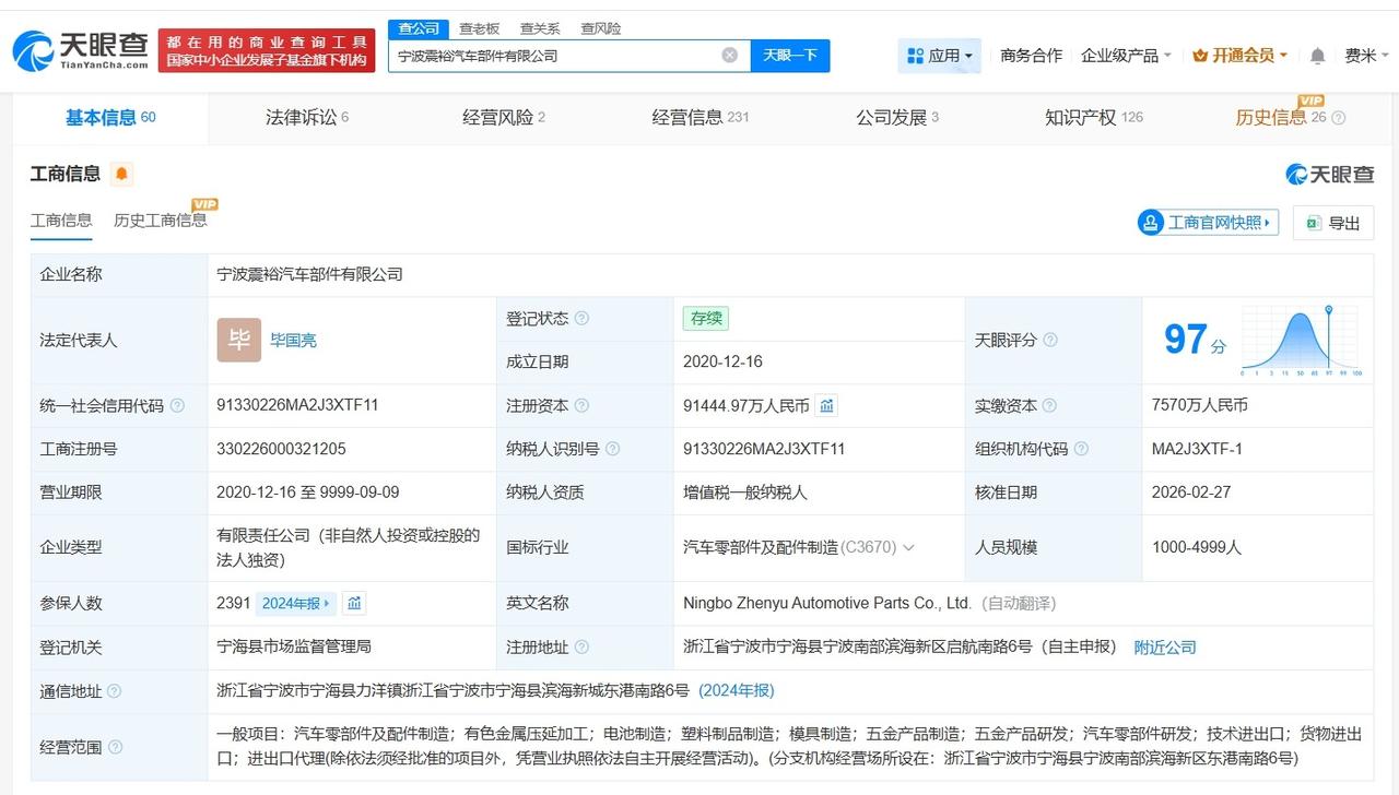 震裕科技旗下汽车部件公司增资至9.1亿 增幅约38%
天眼查App显示，近日，宁
