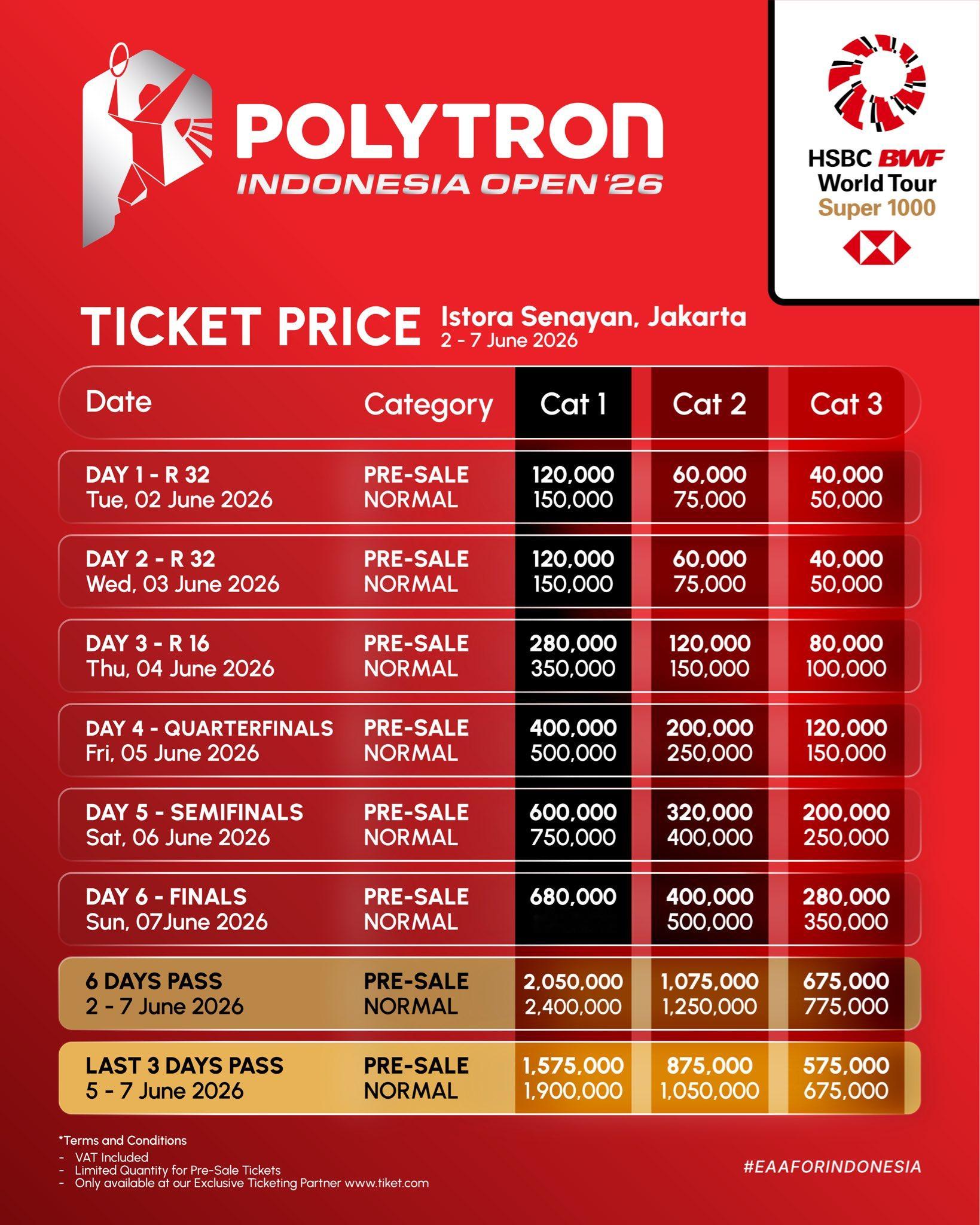 2026年印尼羽毛球公开赛票价出炉 早鸟票最低18 元人民币，最高306 元套票