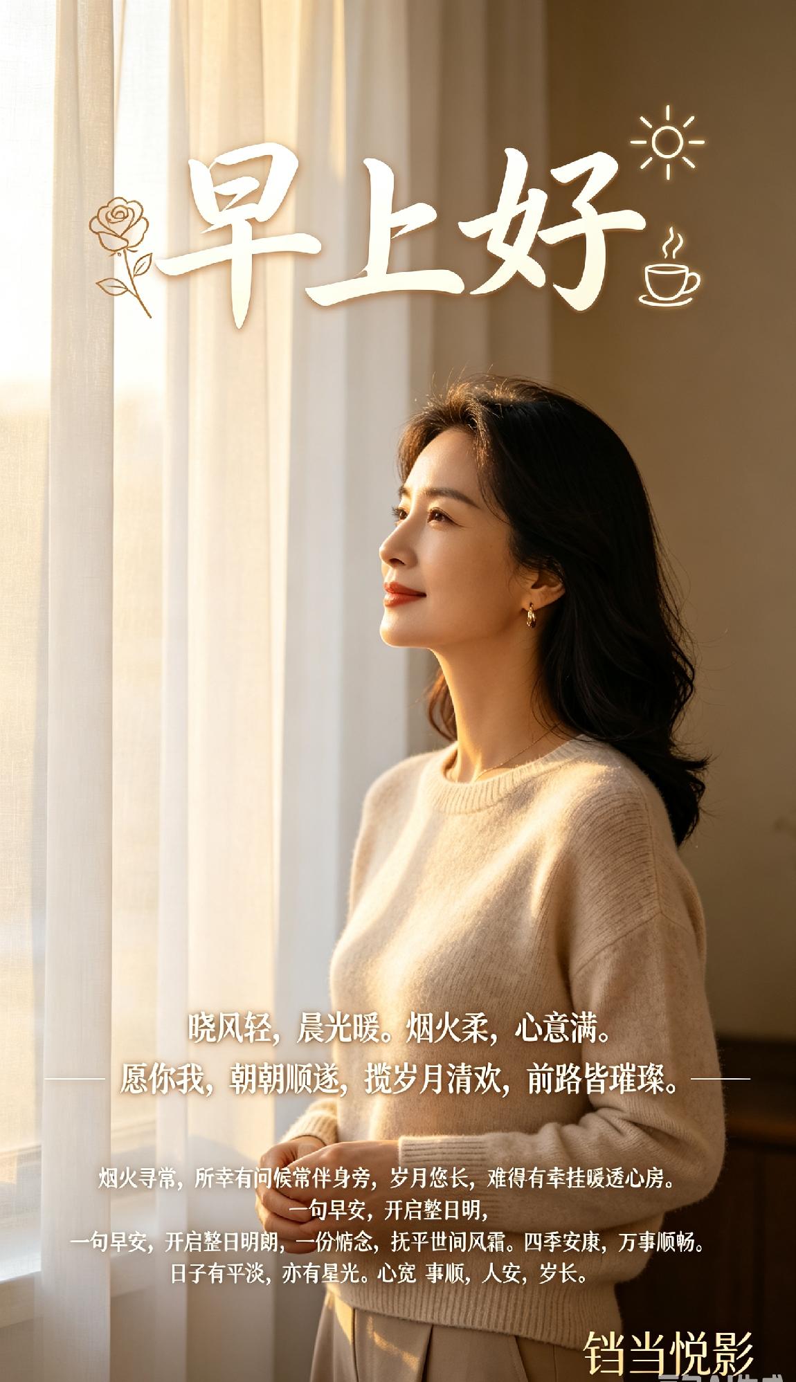 🌹 早上好 🌹
 
晓风轻，晨光暖。
烟火柔，心意满。
愿你我，朝朝顺遂，