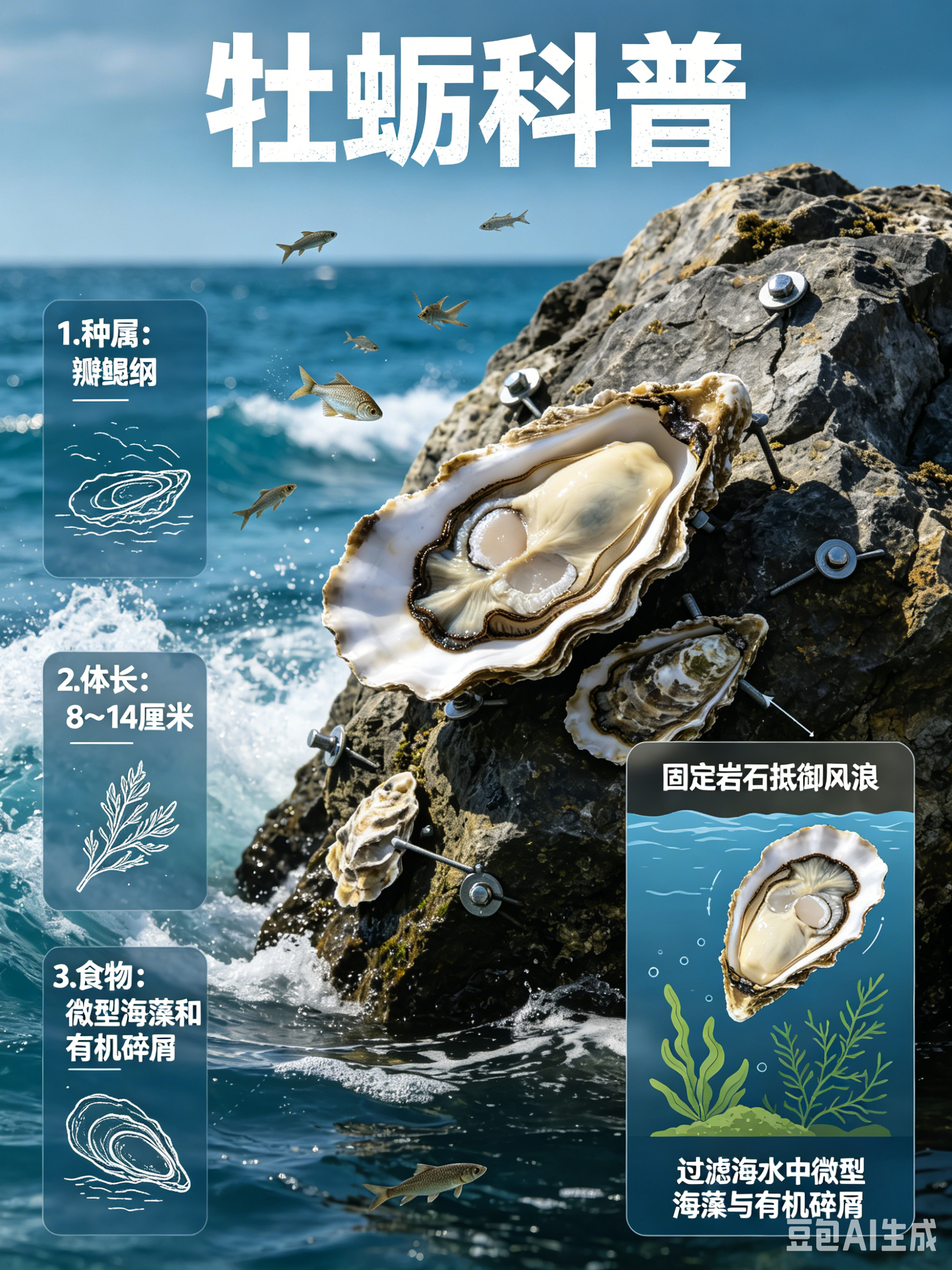 海洋朋友圈 牡蛎海洋档案种　属：瓣鳃纲体　长：8～14厘米食　物：微型海藻和有机