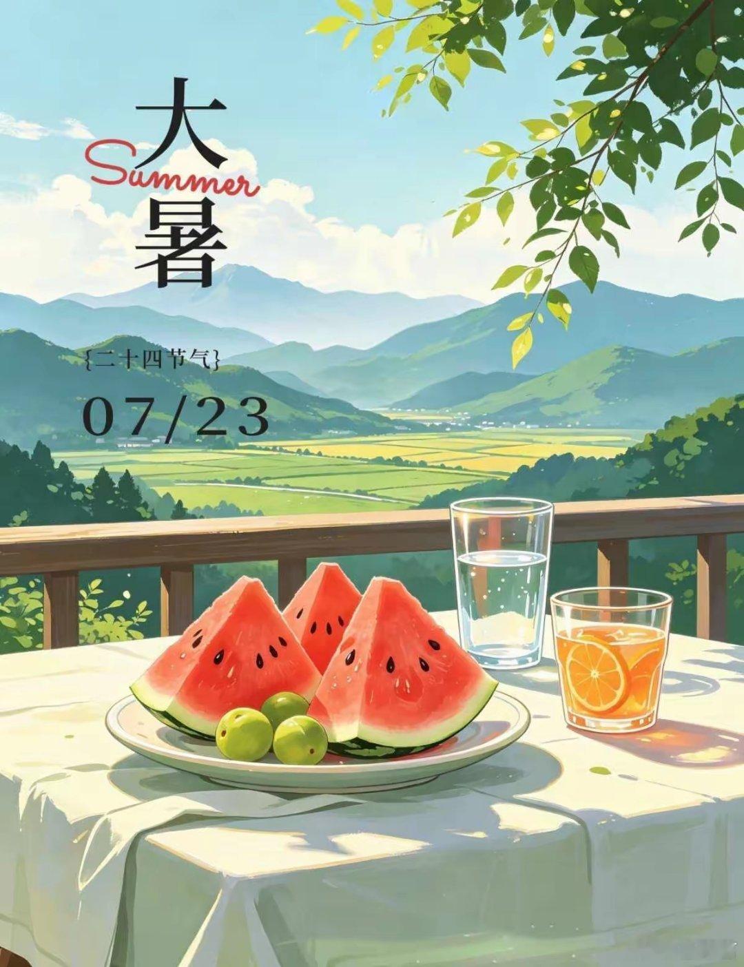 今日大暑 你那多少度？1. 大暑三秋近，林钟九夏移。热浪是盛暑的勋章，西瓜是生活