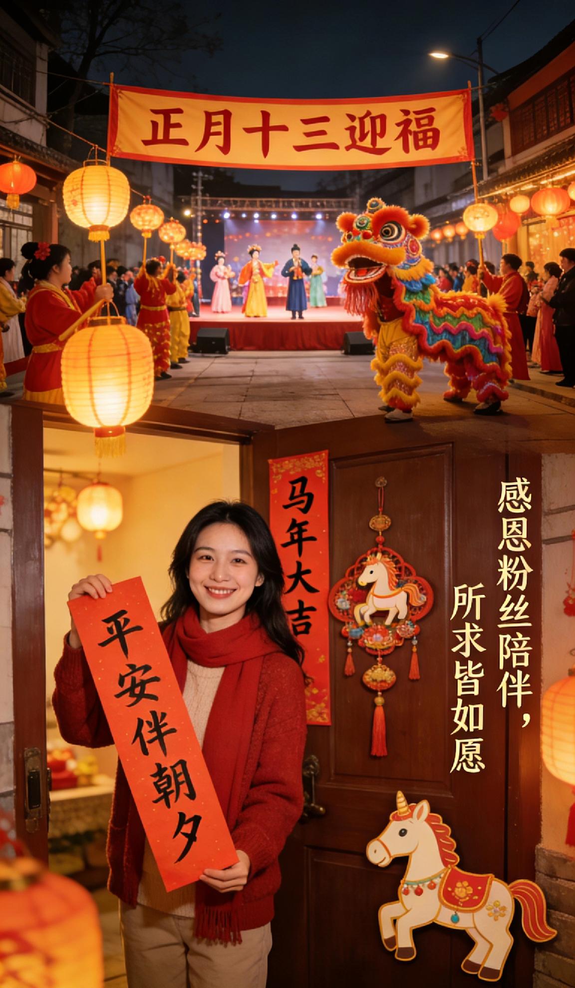 正月十三，喜乐迎春！社火巡游添年味，文艺汇演展风采，花灯初上，福气满门。愿你晨起