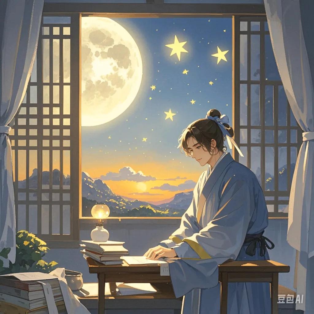 《夙兴夜寐》 
晨兴即起奋身勤，暮落仍思事业勋。 
月影窥窗书韵伴，星光入室梦魂