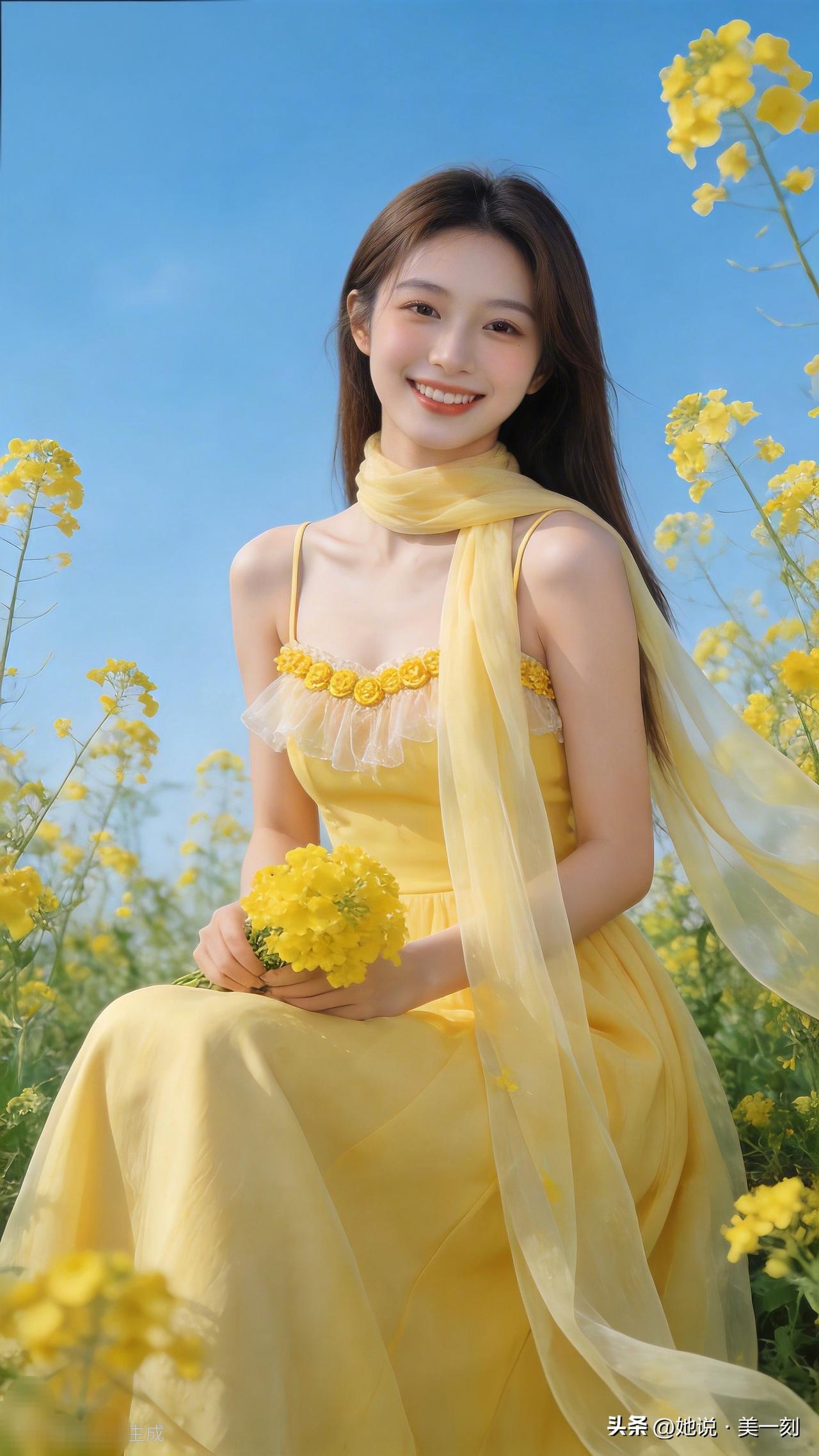 阳光下的黄色花海，少女与自然的完美融合🌸🌼晒晒随手拍一拍美丽的花朵