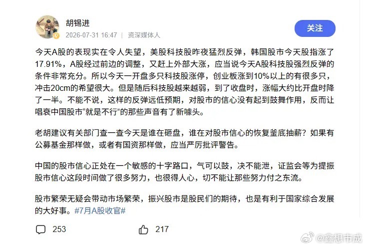 今天A股连胡锡进都看不下去了，建议有关部门查一查今天是谁在砸盘，谁在对股市信心的