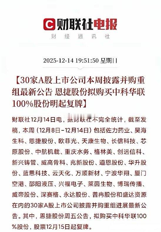 好消息！A股并购重组，30家公司这周集体行动！藏着跨年妖股?1.  佐力药业：计