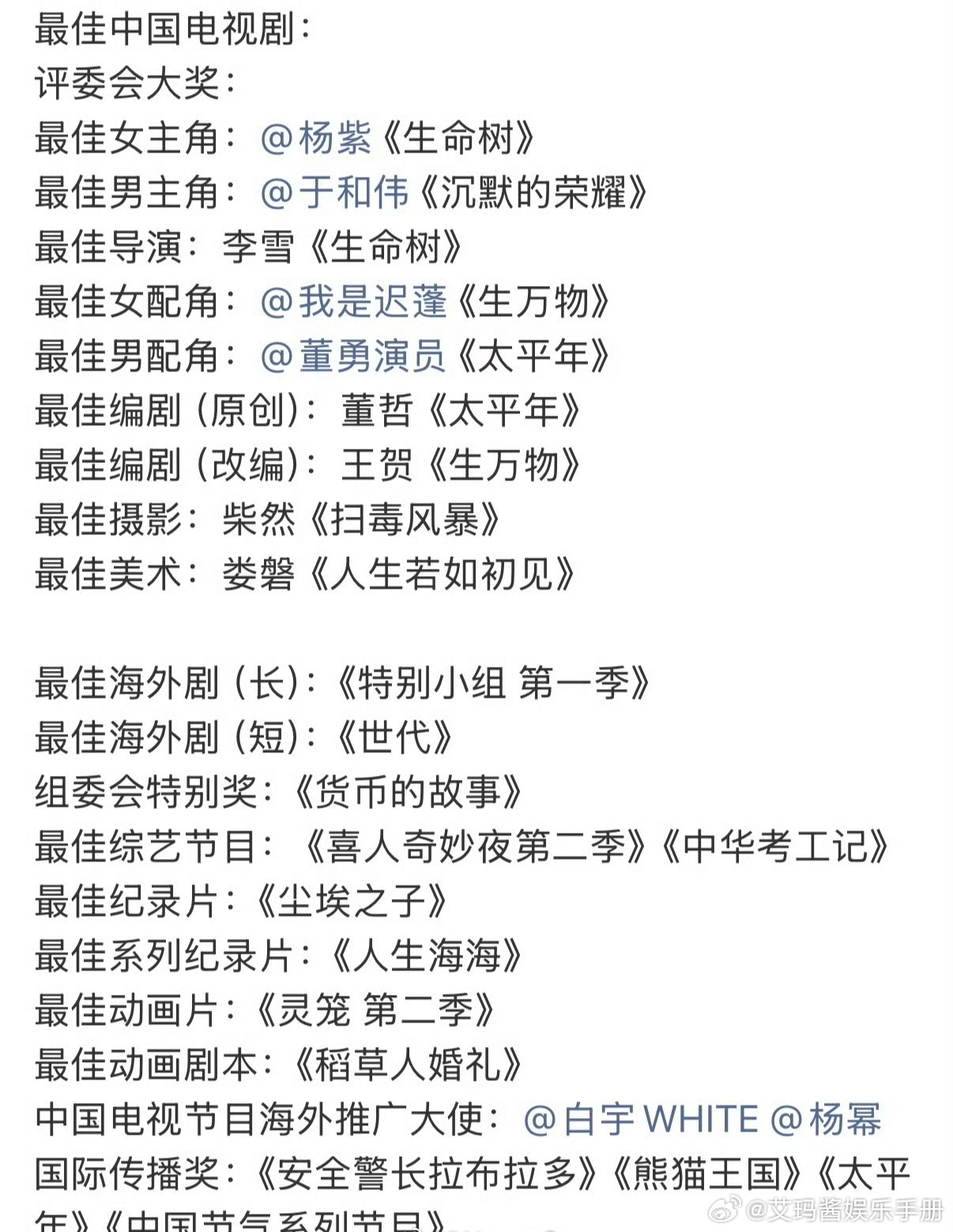 对于今晚白玉兰获奖情况，你怎么觉得？白玉兰内场白玉兰获奖名单