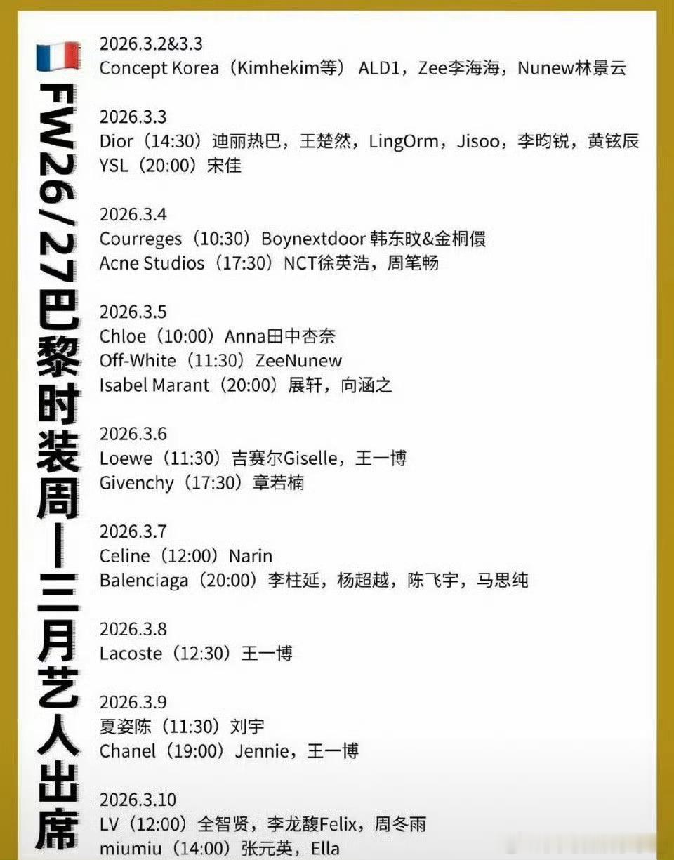 巴黎时装周出席名单，你期待谁？迪丽热巴 王一博 李昀锐 王楚然 章若楠 陈飞宇 